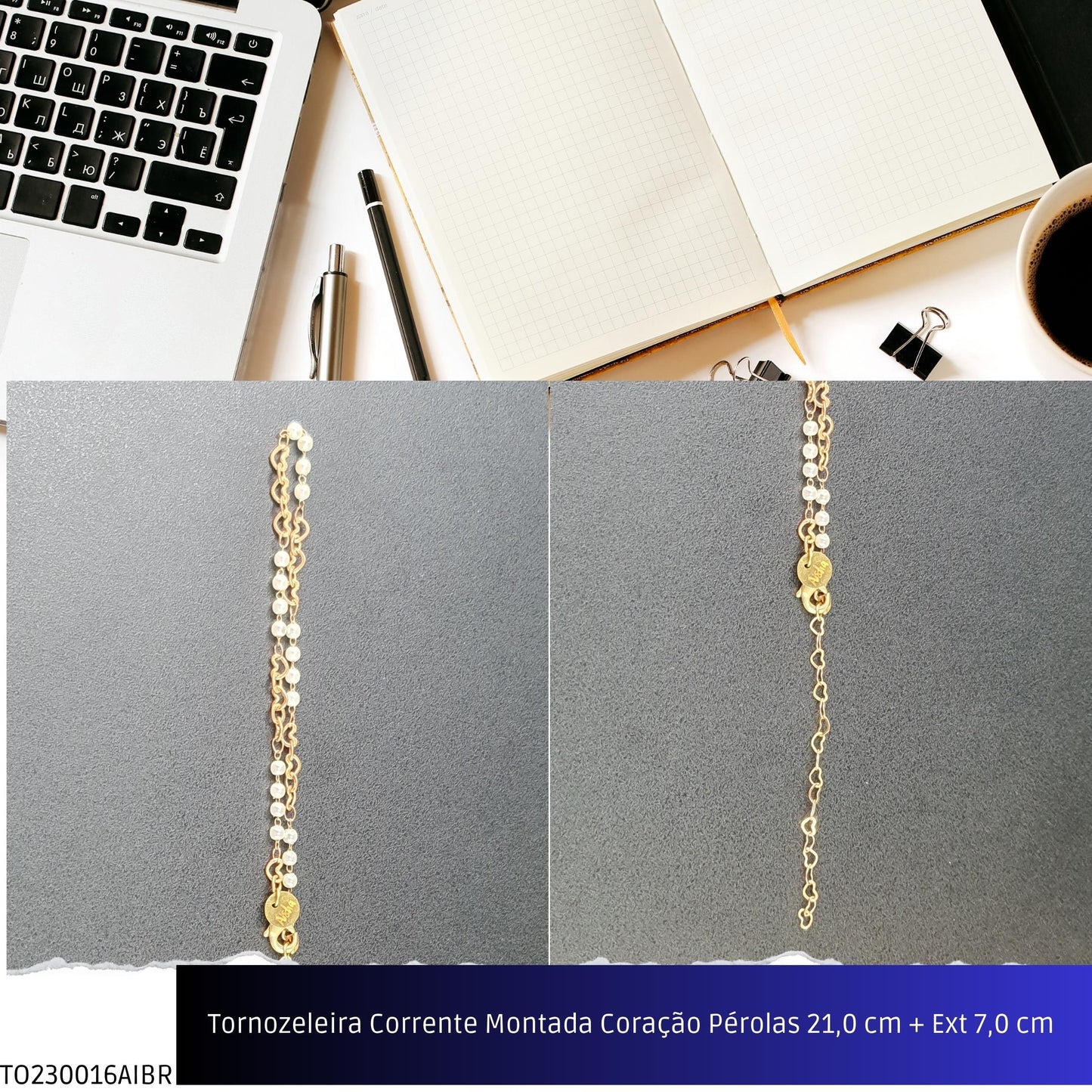 Tornozeleira Corrente Montada Coração Pérolas 21.0 cm + Ext 7.0 cm   - Código.: TO230016AIBR  - Peso.: 3.2 gr