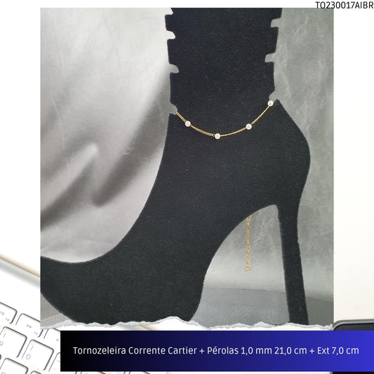 Tornozeleira Corrente Cartier + Pérolas 1.0 mm 21.0 cm + Ext 7.0 cm   - Código.: TO230017AIBR  - Peso.: 1.4 gr