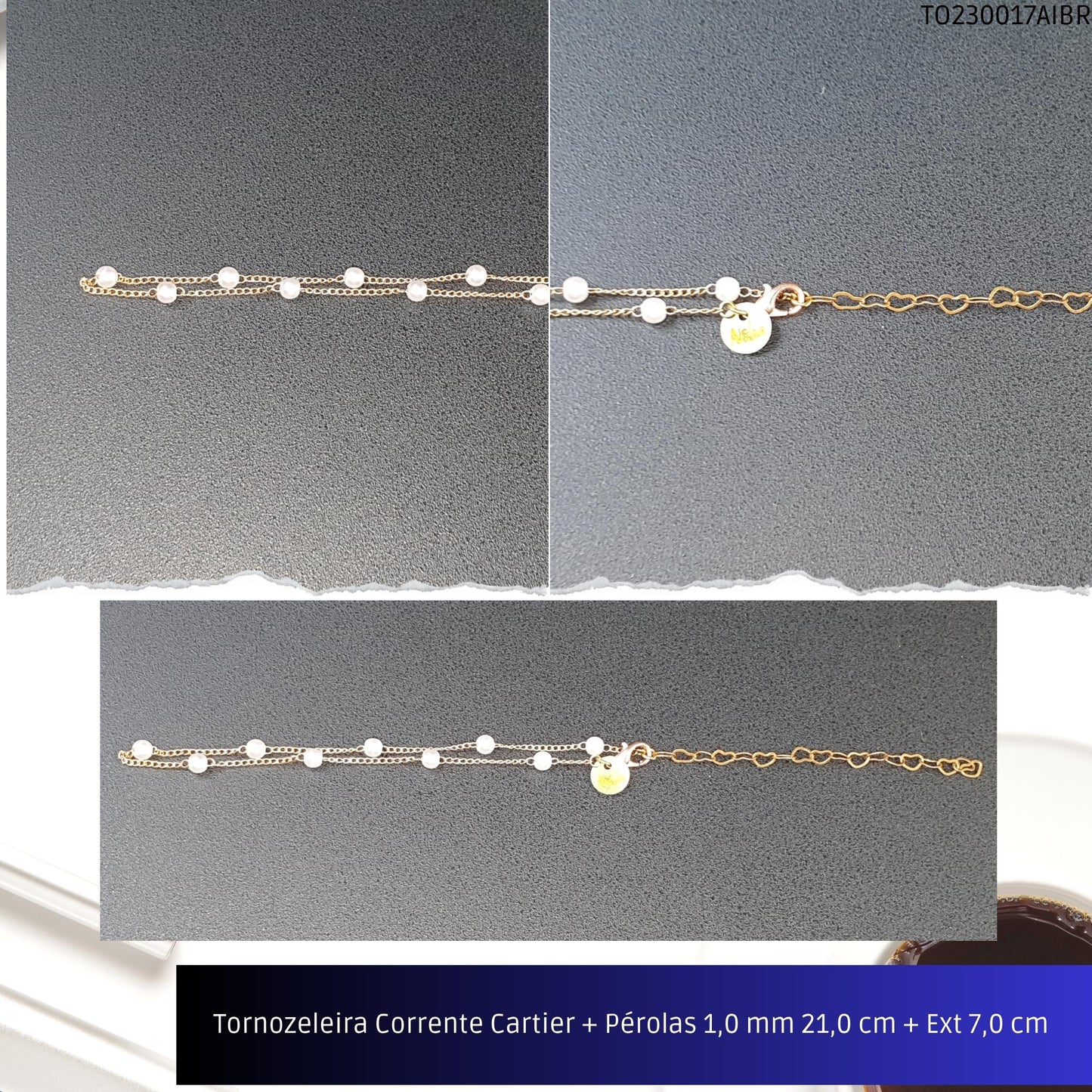 Tornozeleira Corrente Cartier + Pérolas 1.0 mm 21.0 cm + Ext 7.0 cm   - Código.: TO230017AIBR  - Peso.: 1.4 gr