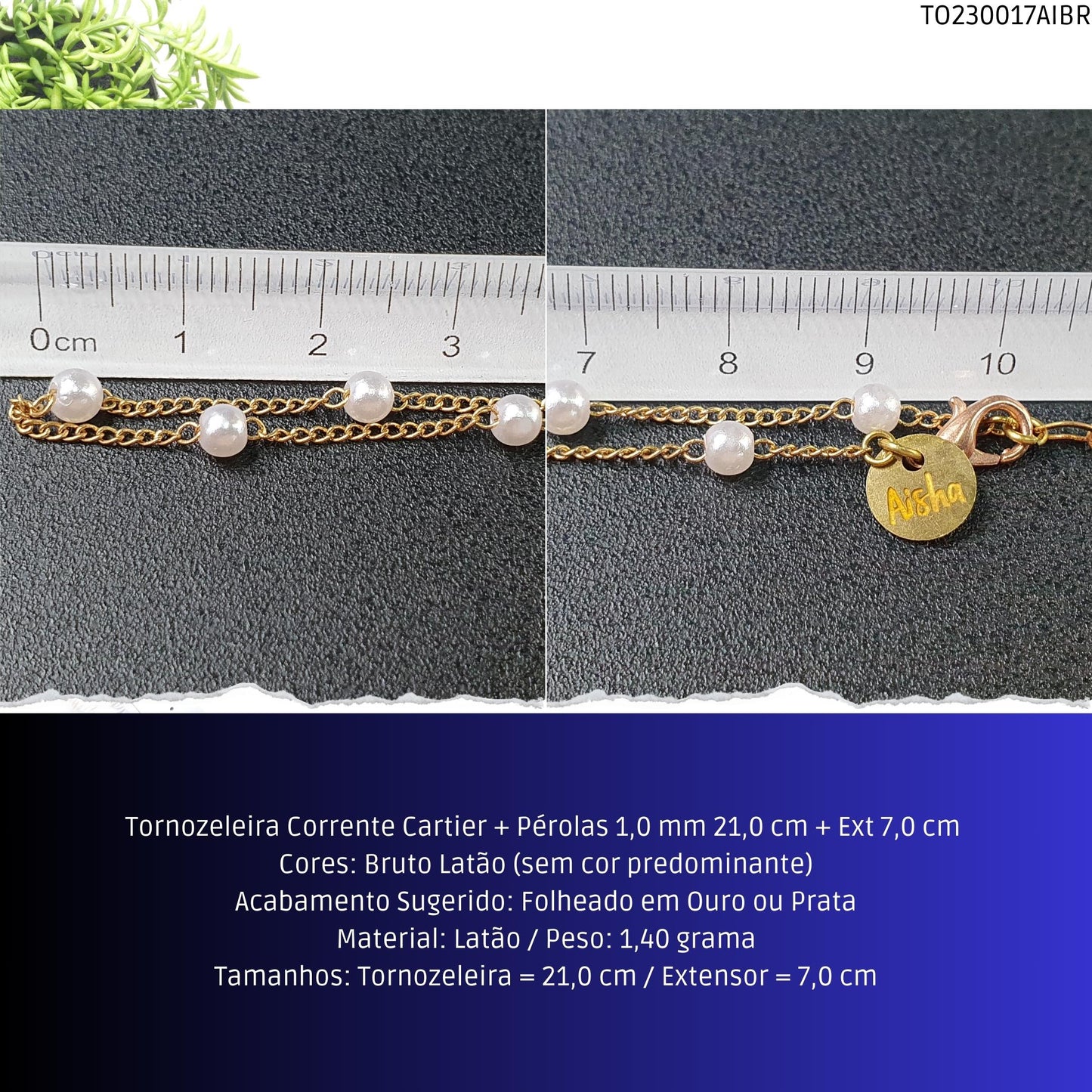 Tornozeleira Corrente Cartier + Pérolas 1.0 mm 21.0 cm + Ext 7.0 cm   - Código.: TO230017AIBR  - Peso.: 1.4 gr