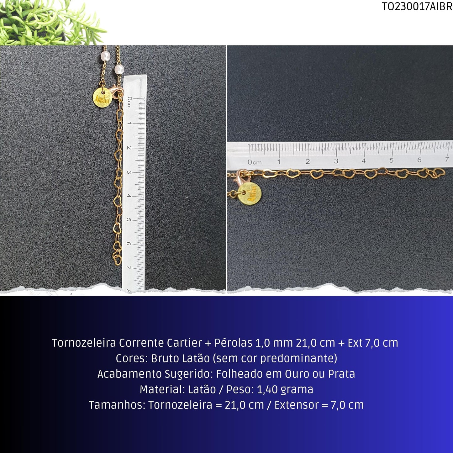 Tornozeleira Corrente Cartier + Pérolas 1.0 mm 21.0 cm + Ext 7.0 cm   - Código.: TO230017AIBR  - Peso.: 1.4 gr