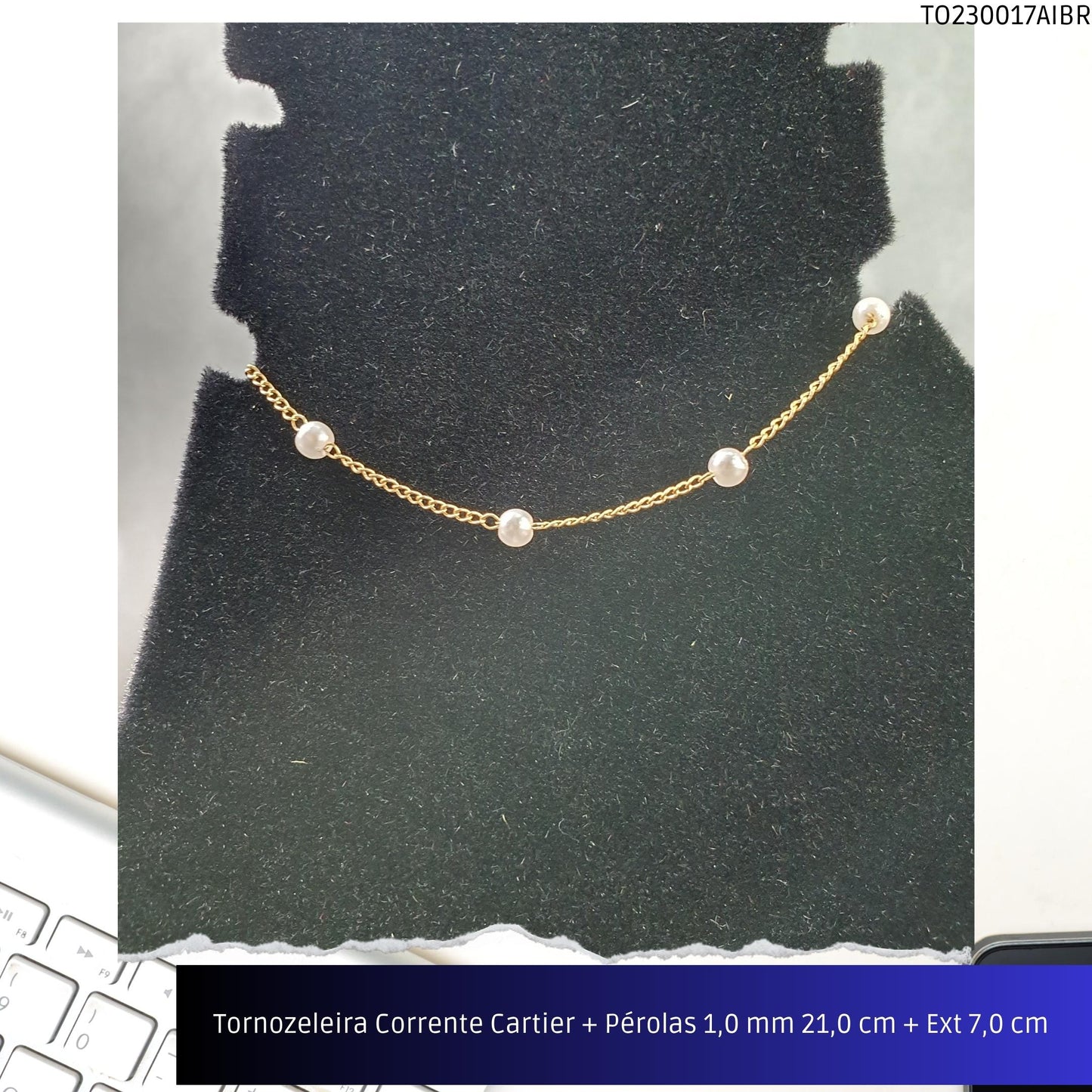 Tornozeleira Corrente Cartier + Pérolas 1.0 mm 21.0 cm + Ext 7.0 cm   - Código.: TO230017AIBR  - Peso.: 1.4 gr