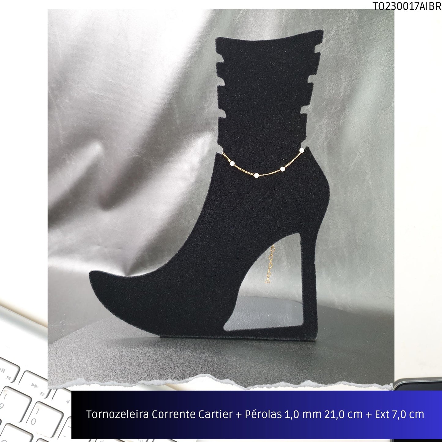 Tornozeleira Corrente Cartier + Pérolas 1.0 mm 21.0 cm + Ext 7.0 cm   - Código.: TO230017AIBR  - Peso.: 1.4 gr