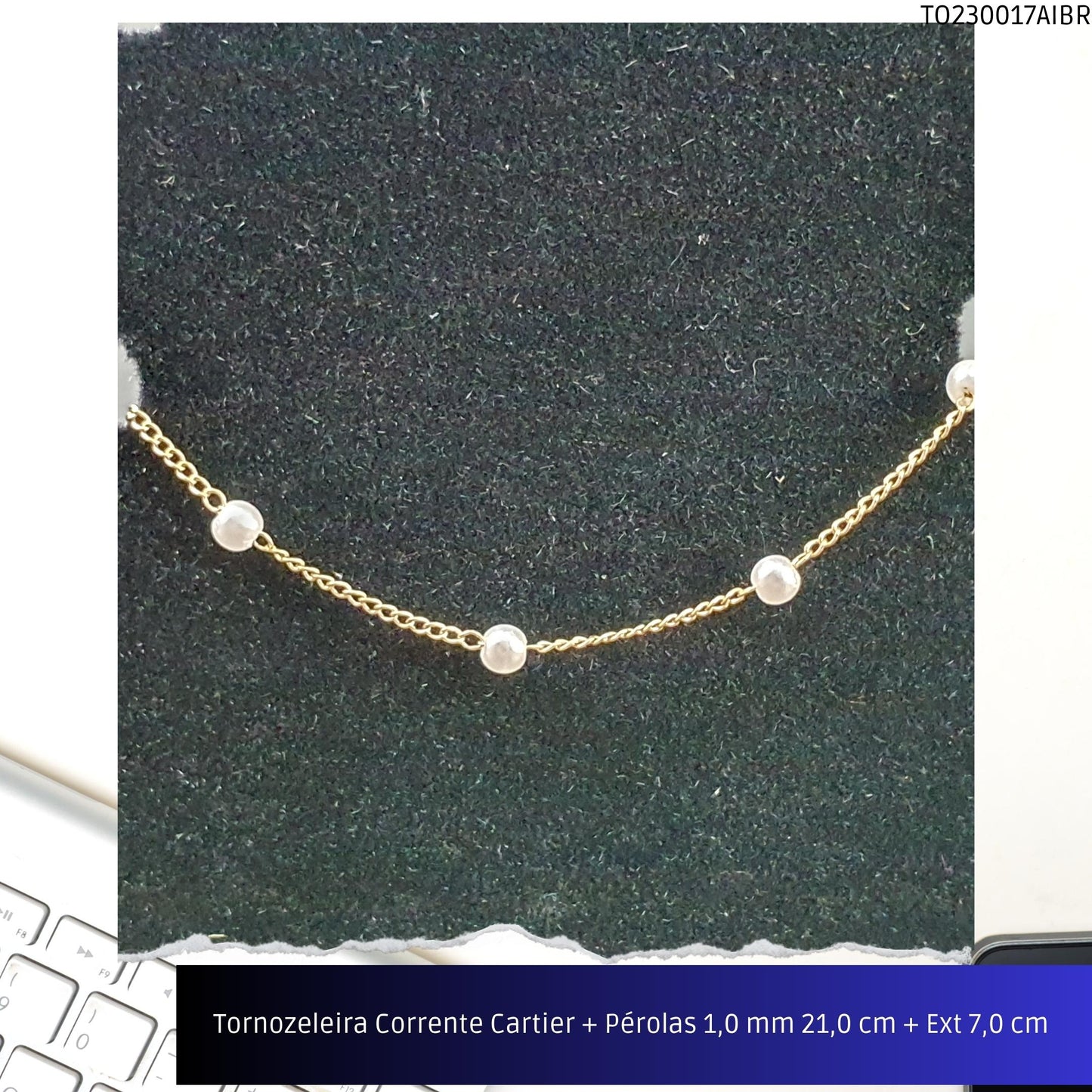 Tornozeleira Corrente Cartier + Pérolas 1.0 mm 21.0 cm + Ext 7.0 cm   - Código.: TO230017AIBR  - Peso.: 1.4 gr