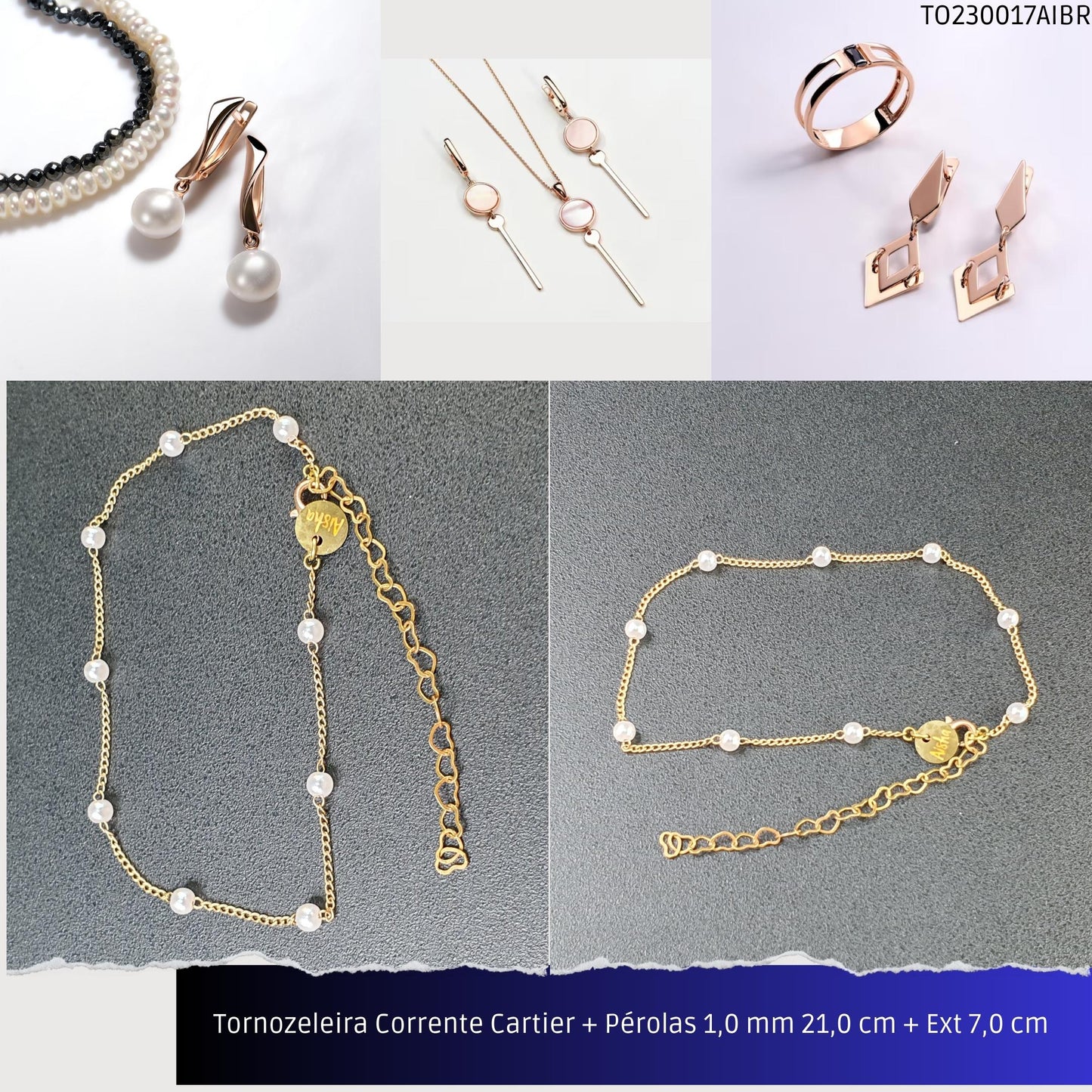 Tornozeleira Corrente Cartier + Pérolas 1.0 mm 21.0 cm + Ext 7.0 cm   - Código.: TO230017AIBR  - Peso.: 1.4 gr