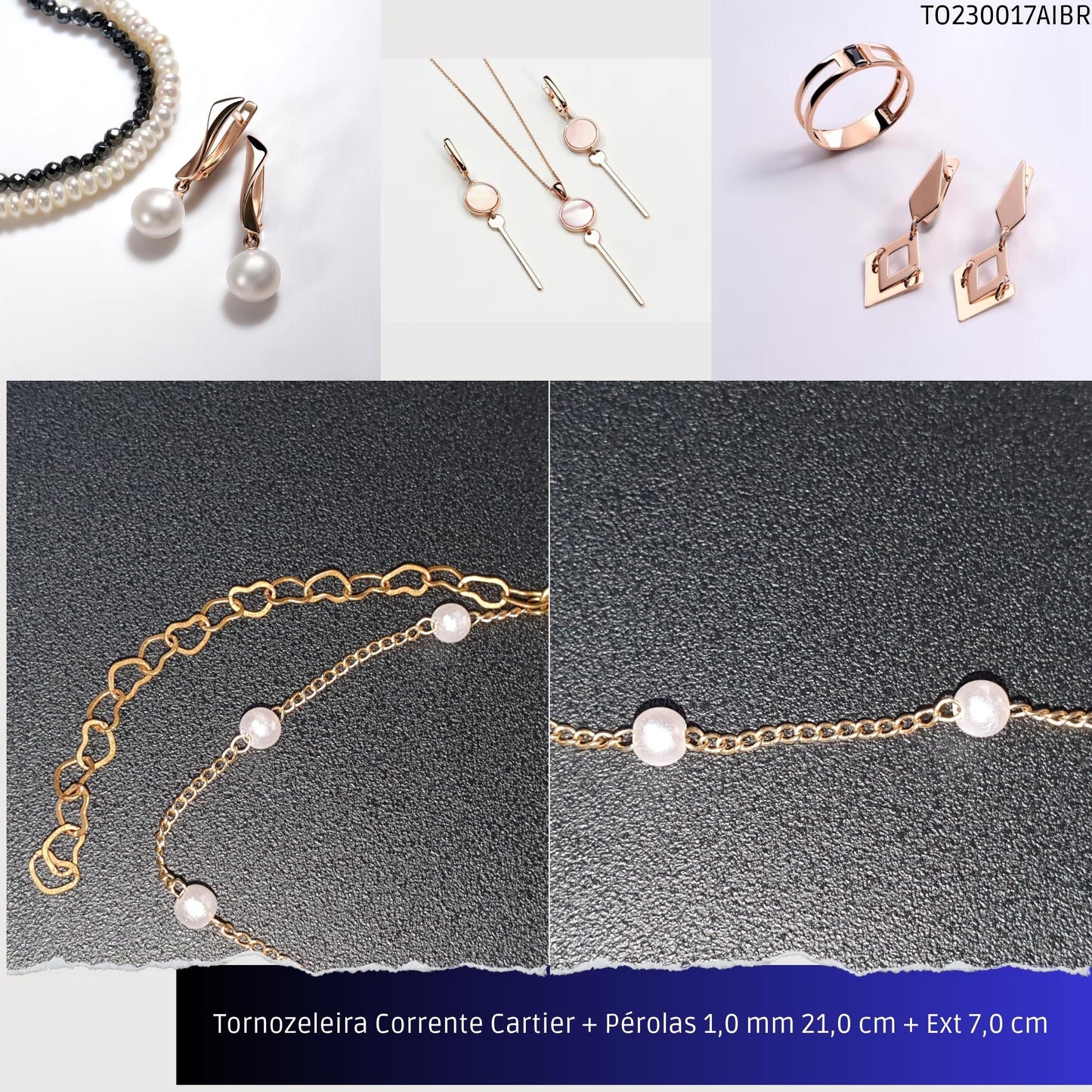 Tornozeleira Corrente Cartier + Pérolas 1.0 mm 21.0 cm + Ext 7.0 cm   - Código.: TO230017AIBR  - Peso.: 1.4 gr