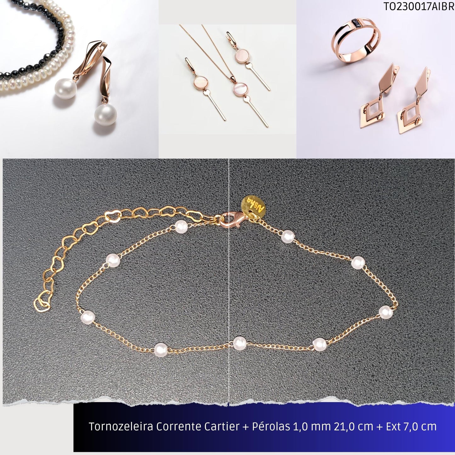 Tornozeleira Corrente Cartier + Pérolas 1.0 mm 21.0 cm + Ext 7.0 cm   - Código.: TO230017AIBR  - Peso.: 1.4 gr