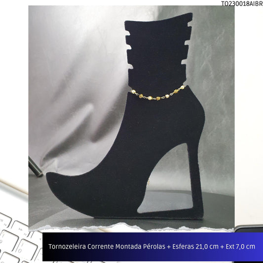 Tornozeleira Corrente Montada Pérolas + Esferas 21.0 cm + Ext 7.0 cm   - Código.: TO230018AIBR  - Peso.: 3.7 gr