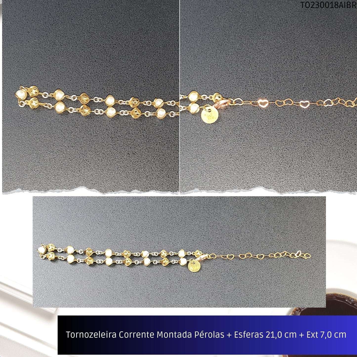 Tornozeleira Corrente Montada Pérolas + Esferas 21.0 cm + Ext 7.0 cm   - Código.: TO230018AIBR  - Peso.: 3.7 gr