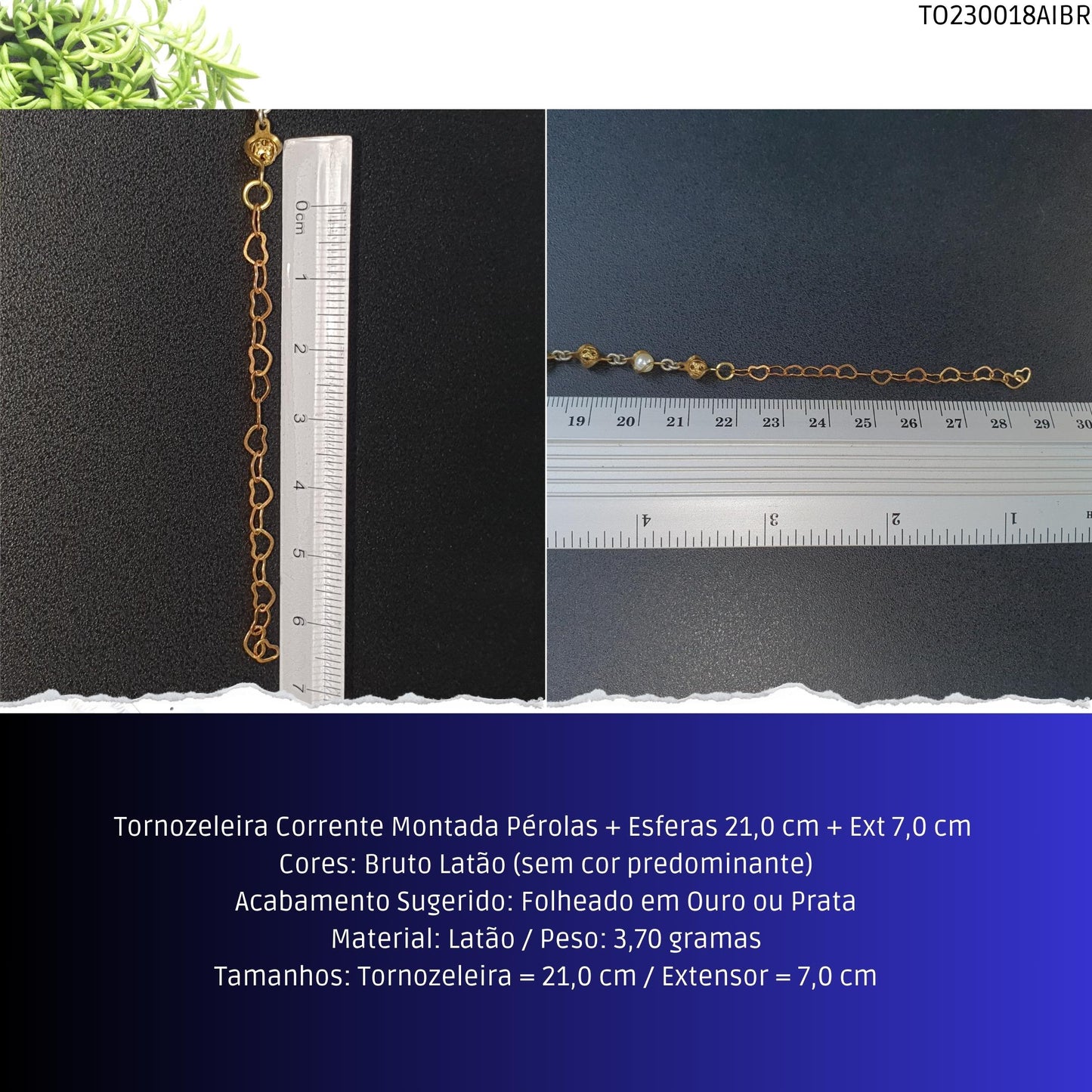 Tornozeleira Corrente Montada Pérolas + Esferas 21.0 cm + Ext 7.0 cm   - Código.: TO230018AIBR  - Peso.: 3.7 gr