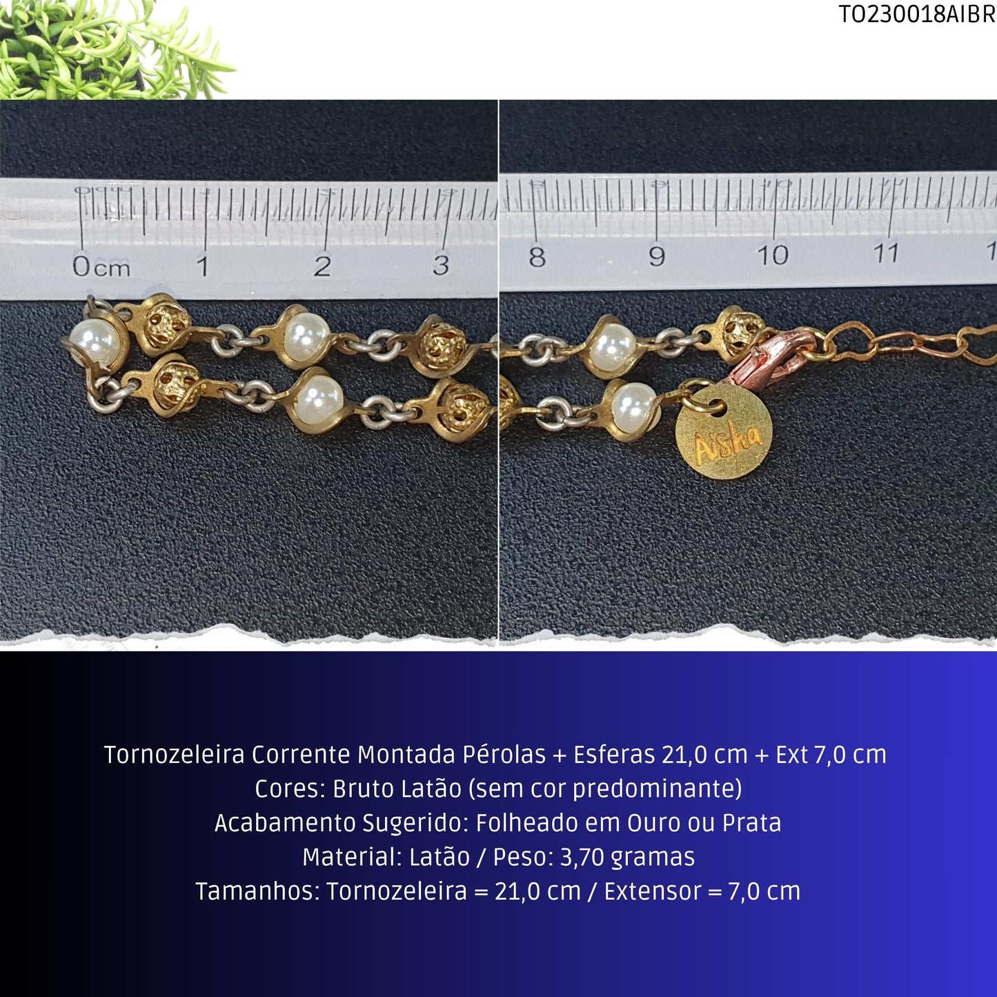 Tornozeleira Corrente Montada Pérolas + Esferas 21.0 cm + Ext 7.0 cm   - Código.: TO230018AIBR  - Peso.: 3.7 gr
