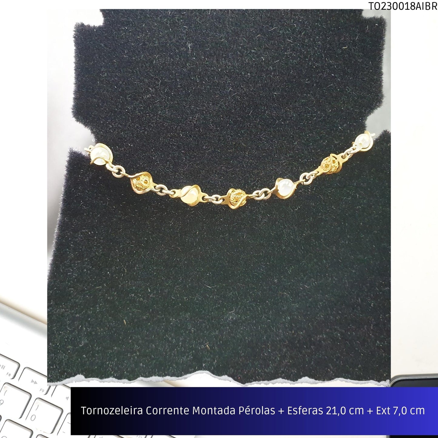 Tornozeleira Corrente Montada Pérolas + Esferas 21.0 cm + Ext 7.0 cm   - Código.: TO230018AIBR  - Peso.: 3.7 gr