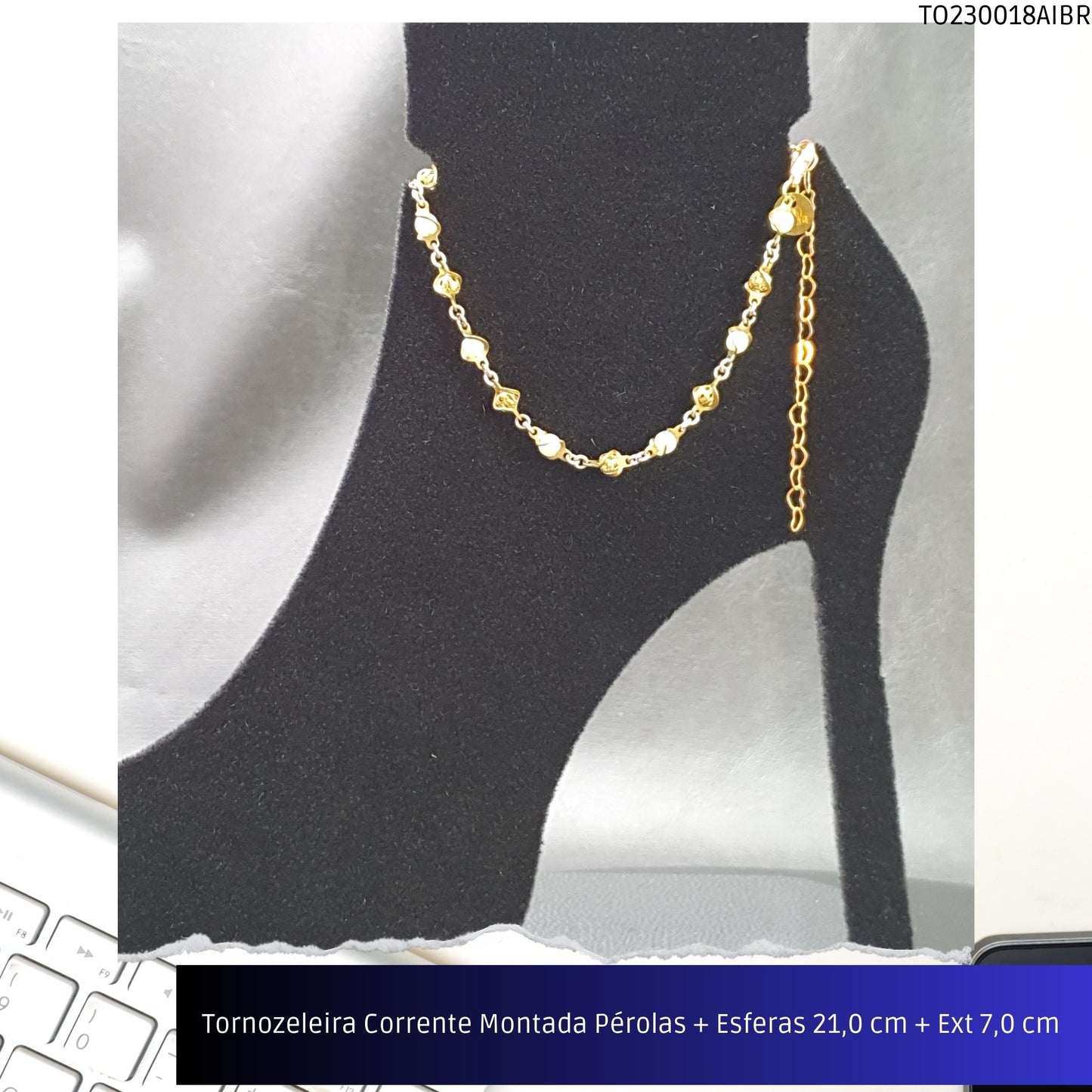 Tornozeleira Corrente Montada Pérolas + Esferas 21.0 cm + Ext 7.0 cm   - Código.: TO230018AIBR  - Peso.: 3.7 gr