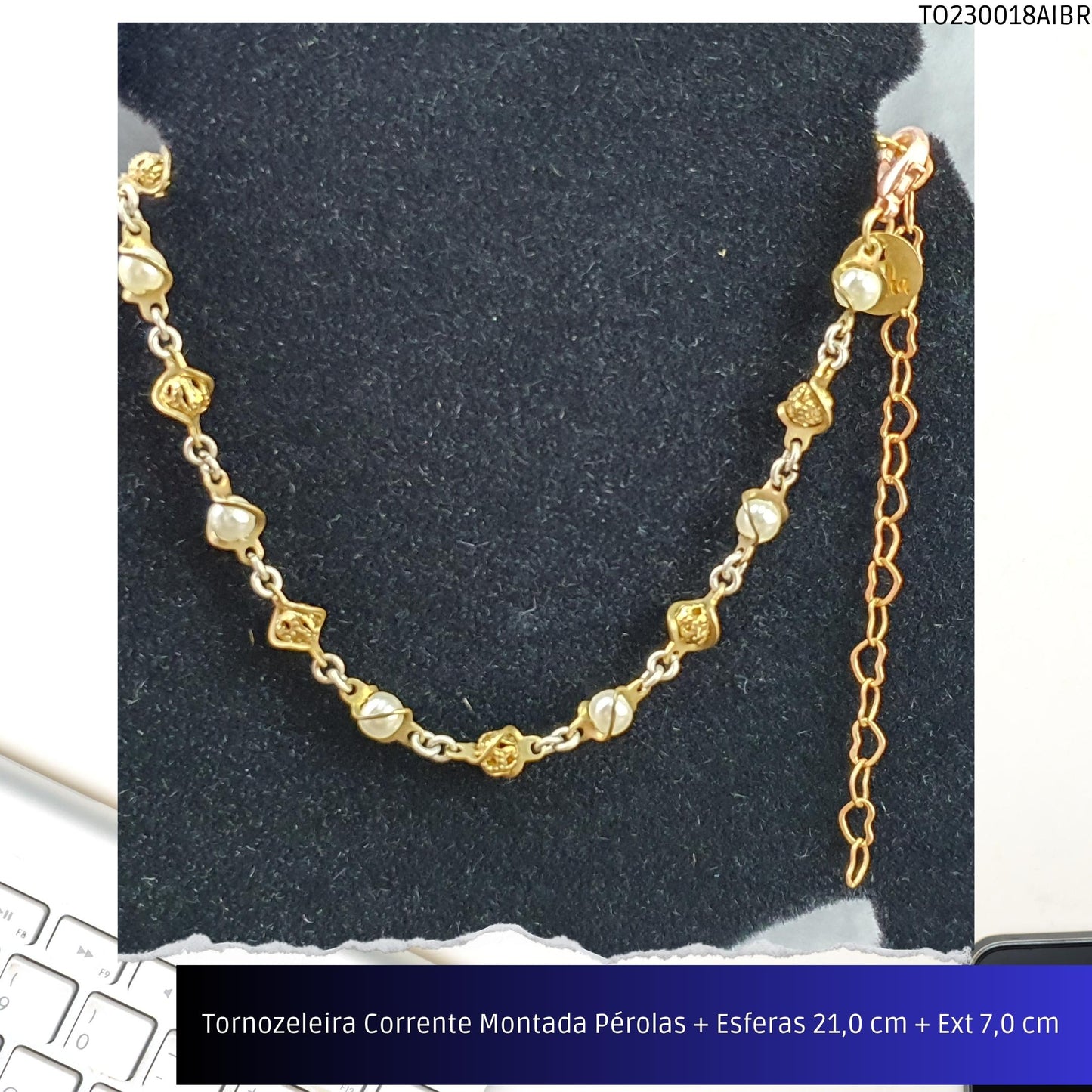 Tornozeleira Corrente Montada Pérolas + Esferas 21.0 cm + Ext 7.0 cm   - Código.: TO230018AIBR  - Peso.: 3.7 gr