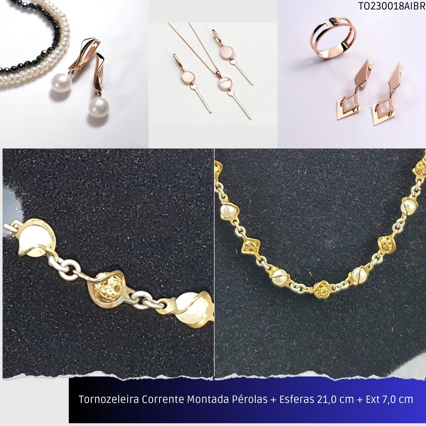 Tornozeleira Corrente Montada Pérolas + Esferas 21.0 cm + Ext 7.0 cm   - Código.: TO230018AIBR  - Peso.: 3.7 gr