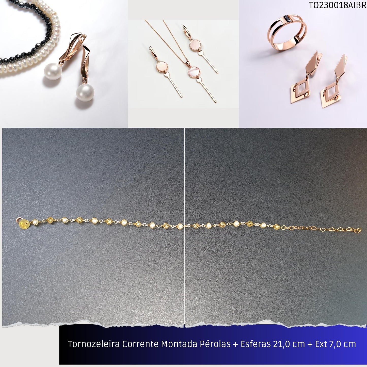 Tornozeleira Corrente Montada Pérolas + Esferas 21.0 cm + Ext 7.0 cm   - Código.: TO230018AIBR  - Peso.: 3.7 gr