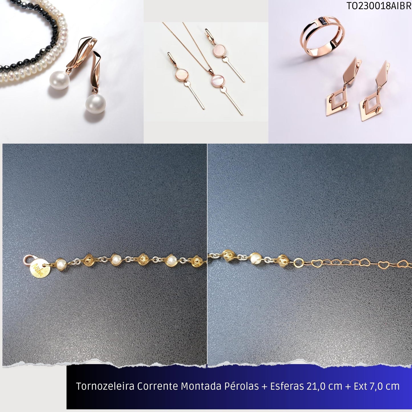 Tornozeleira Corrente Montada Pérolas + Esferas 21.0 cm + Ext 7.0 cm   - Código.: TO230018AIBR  - Peso.: 3.7 gr