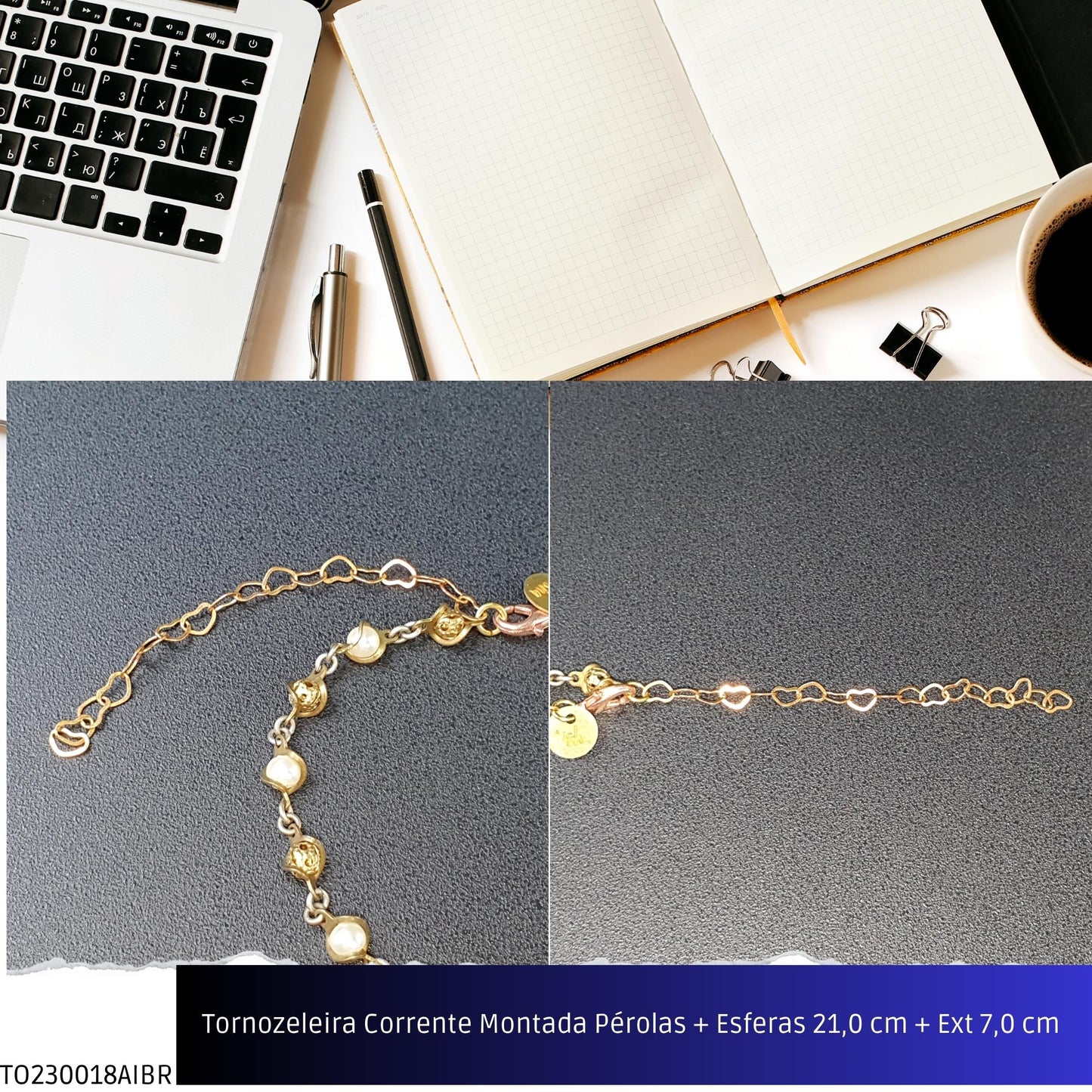 Tornozeleira Corrente Montada Pérolas + Esferas 21.0 cm + Ext 7.0 cm   - Código.: TO230018AIBR  - Peso.: 3.7 gr