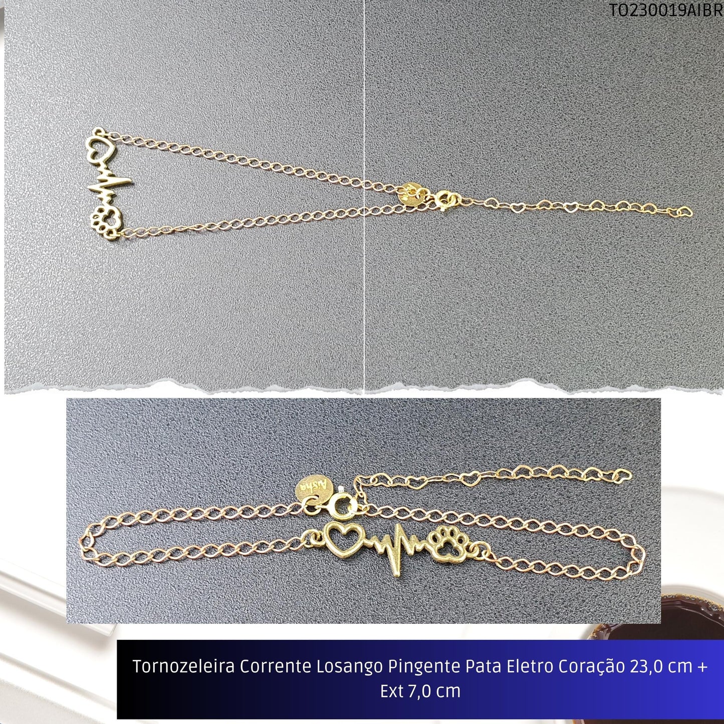 Tornozeleira Corrente Losango Pingente Pata Eletro Coração 23.0 cm + Ext 7.0 cm  - Código.: TO230019AIBR  - Peso.: 3.0 gr