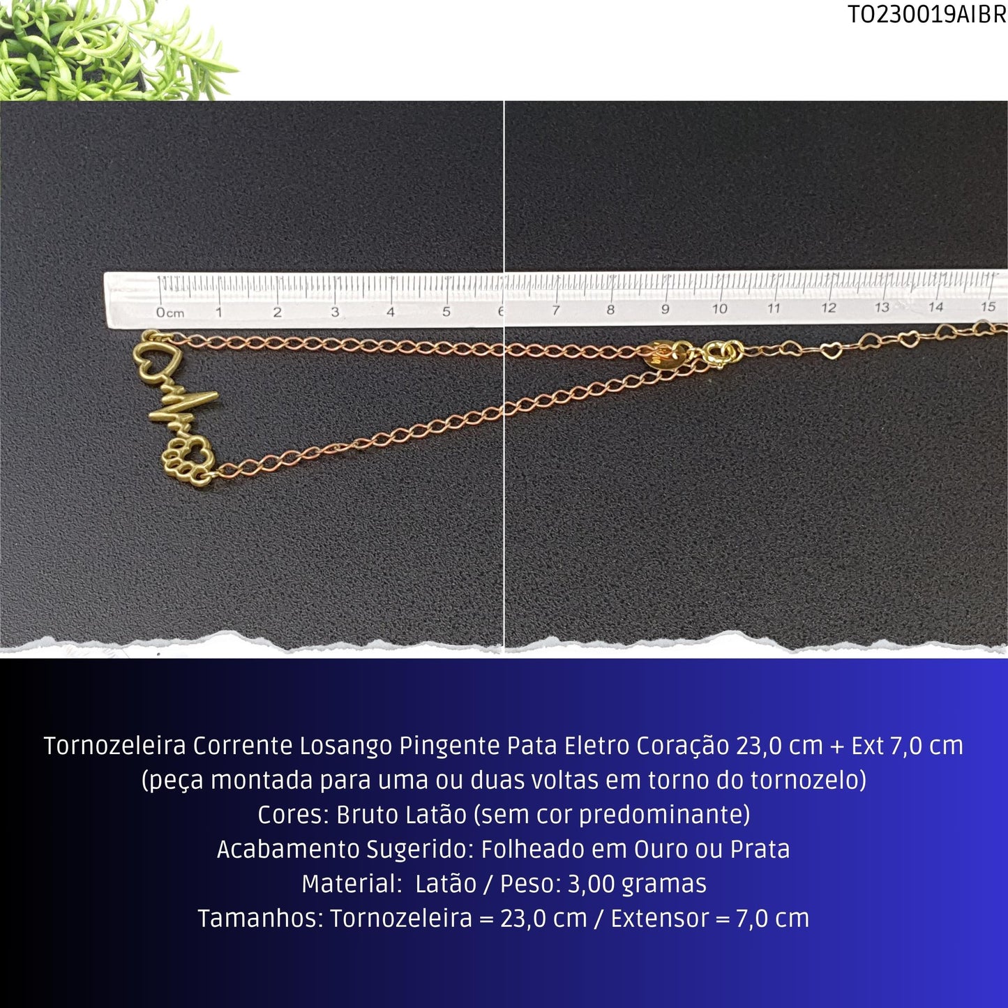 Tornozeleira Corrente Losango Pingente Pata Eletro Coração 23.0 cm + Ext 7.0 cm  - Código.: TO230019AIBR  - Peso.: 3.0 gr