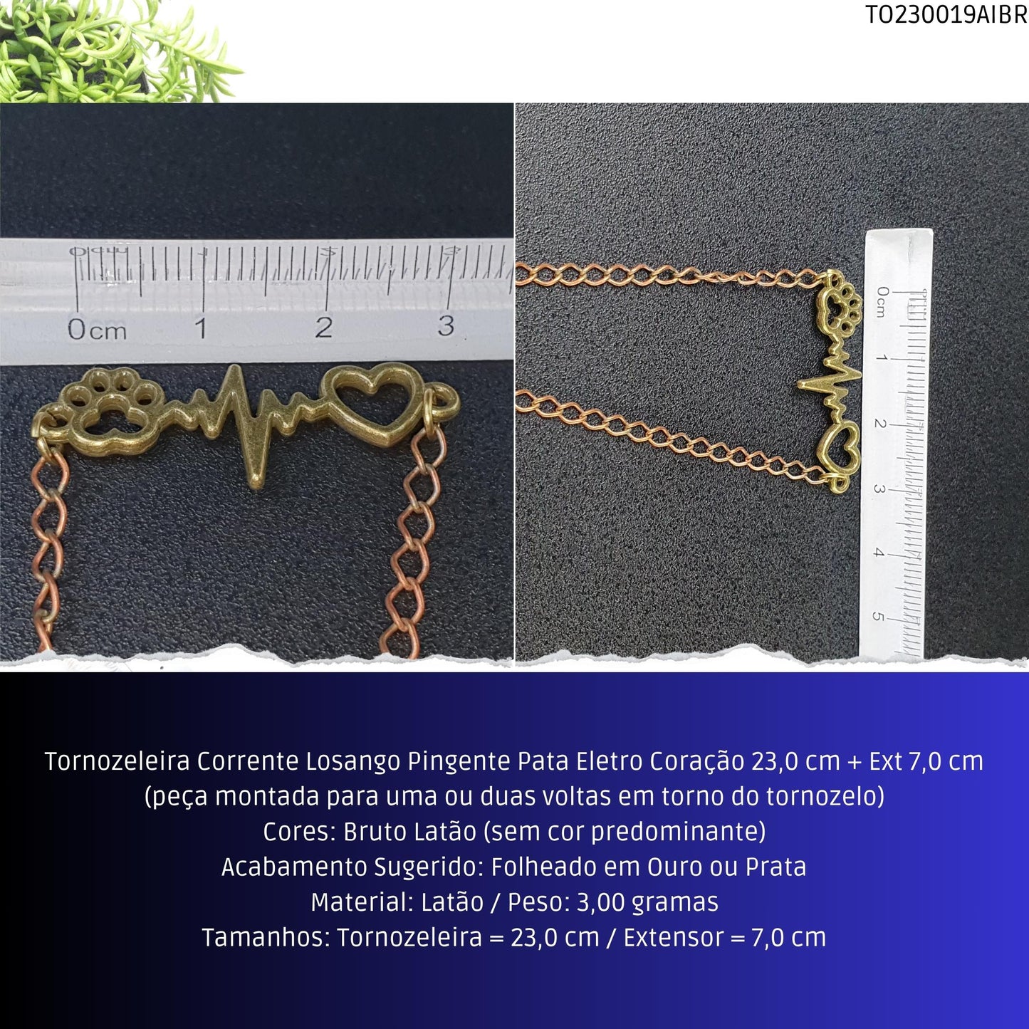 Tornozeleira Corrente Losango Pingente Pata Eletro Coração 23.0 cm + Ext 7.0 cm  - Código.: TO230019AIBR  - Peso.: 3.0 gr