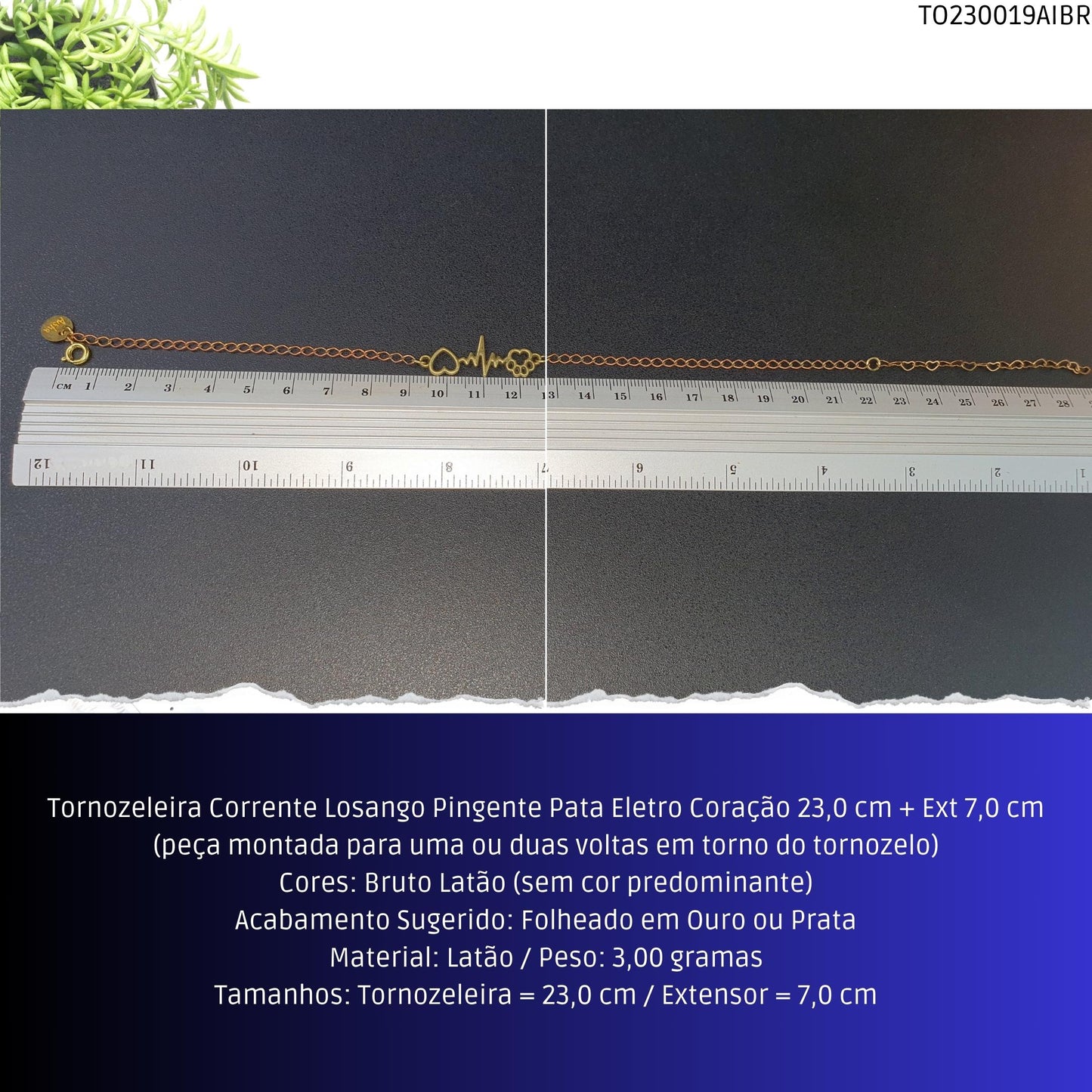 Tornozeleira Corrente Losango Pingente Pata Eletro Coração 23.0 cm + Ext 7.0 cm  - Código.: TO230019AIBR  - Peso.: 3.0 gr