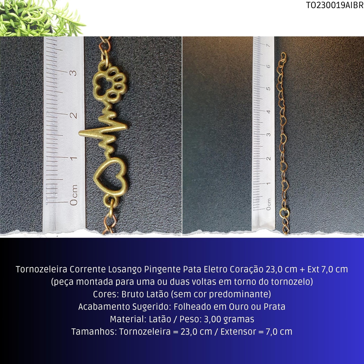 Tornozeleira Corrente Losango Pingente Pata Eletro Coração 23.0 cm + Ext 7.0 cm  - Código.: TO230019AIBR  - Peso.: 3.0 gr