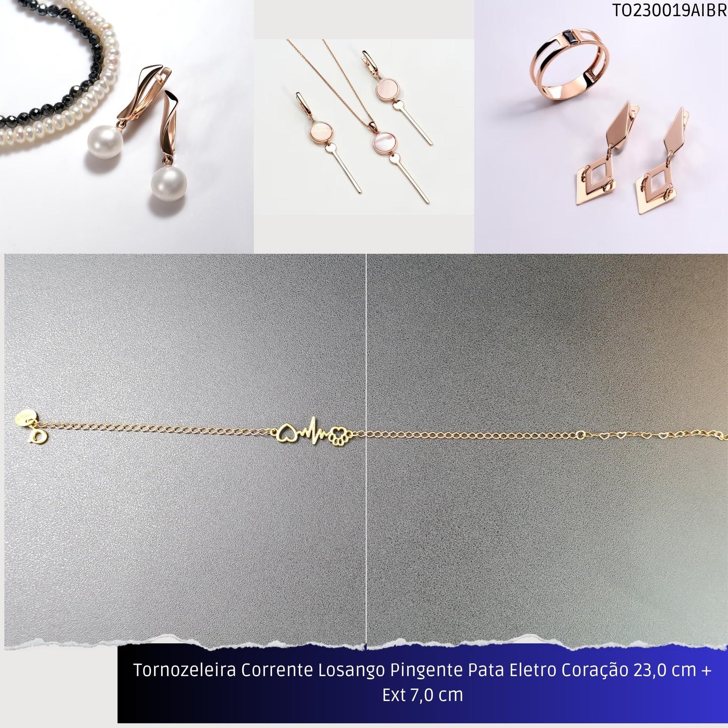 Tornozeleira Corrente Losango Pingente Pata Eletro Coração 23.0 cm + Ext 7.0 cm  - Código.: TO230019AIBR  - Peso.: 3.0 gr