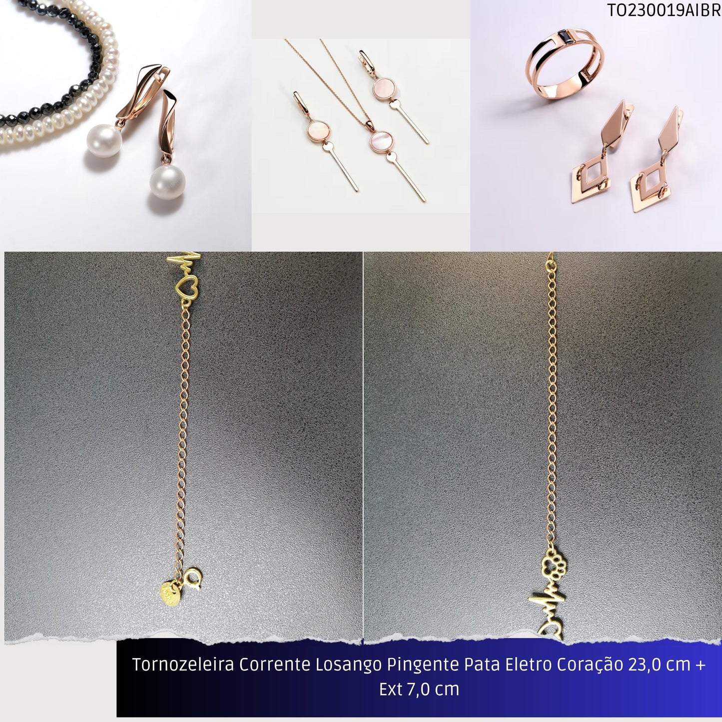 Tornozeleira Corrente Losango Pingente Pata Eletro Coração 23.0 cm + Ext 7.0 cm  - Código.: TO230019AIBR  - Peso.: 3.0 gr