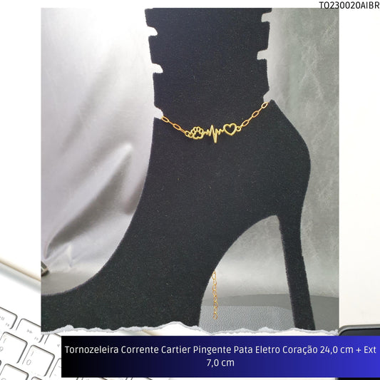 Tornozeleira Corrente Cartier Pingente Pata Eletro Coração 23.0 cm + Ext 7.0 cm  - Código.: TO230020AIBR  - Peso.: 3.3 gr