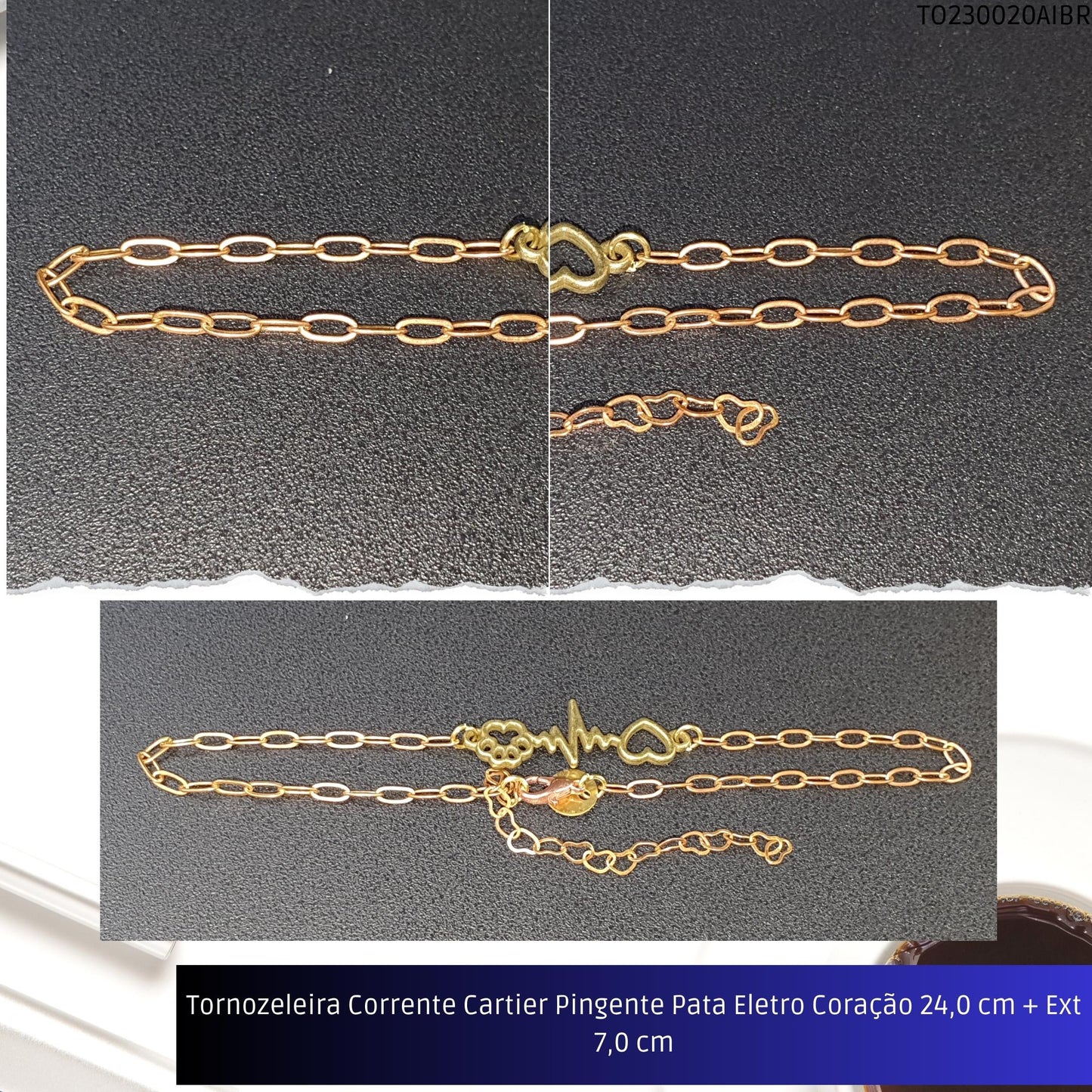 Tornozeleira Corrente Cartier Pingente Pata Eletro Coração 23.0 cm + Ext 7.0 cm  - Código.: TO230020AIBR  - Peso.: 3.3 gr