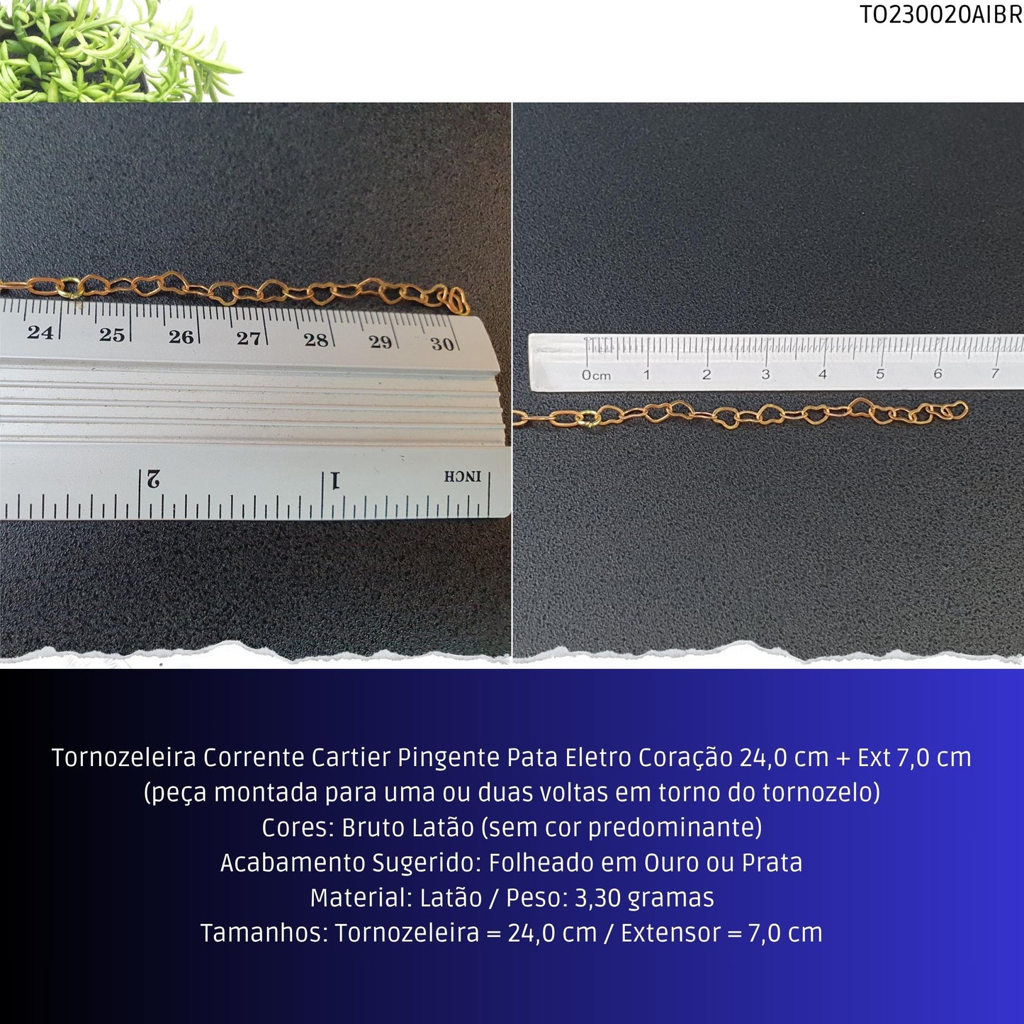 Tornozeleira Corrente Cartier Pingente Pata Eletro Coração 23.0 cm + Ext 7.0 cm  - Código.: TO230020AIBR  - Peso.: 3.3 gr