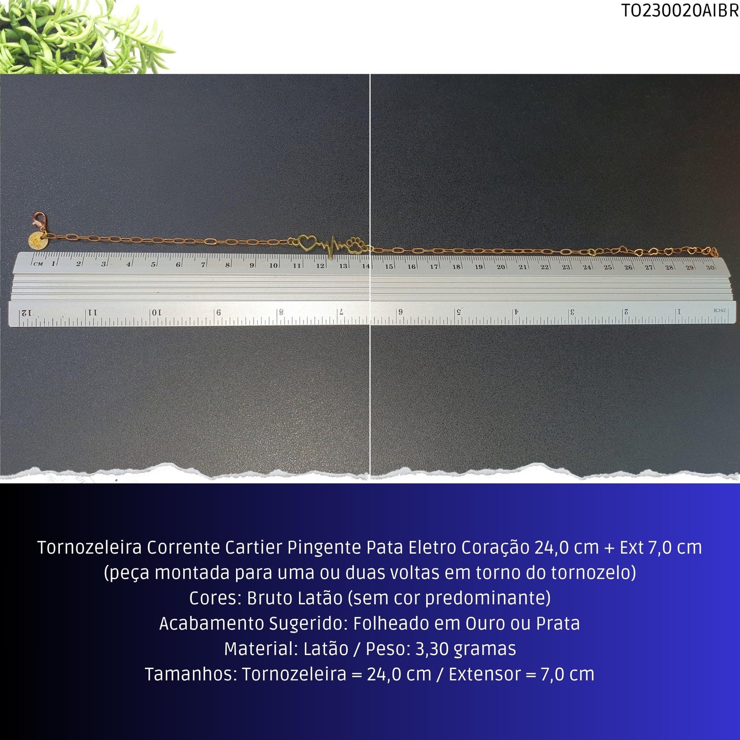 Tornozeleira Corrente Cartier Pingente Pata Eletro Coração 23.0 cm + Ext 7.0 cm  - Código.: TO230020AIBR  - Peso.: 3.3 gr