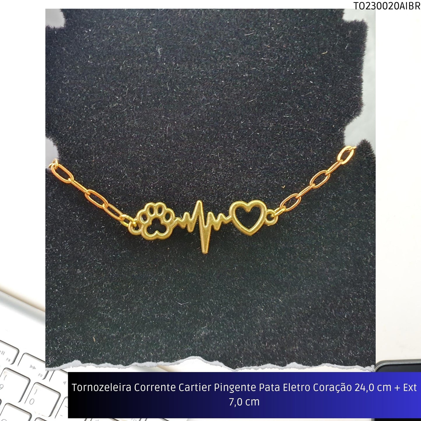 Tornozeleira Corrente Cartier Pingente Pata Eletro Coração 23.0 cm + Ext 7.0 cm  - Código.: TO230020AIBR  - Peso.: 3.3 gr