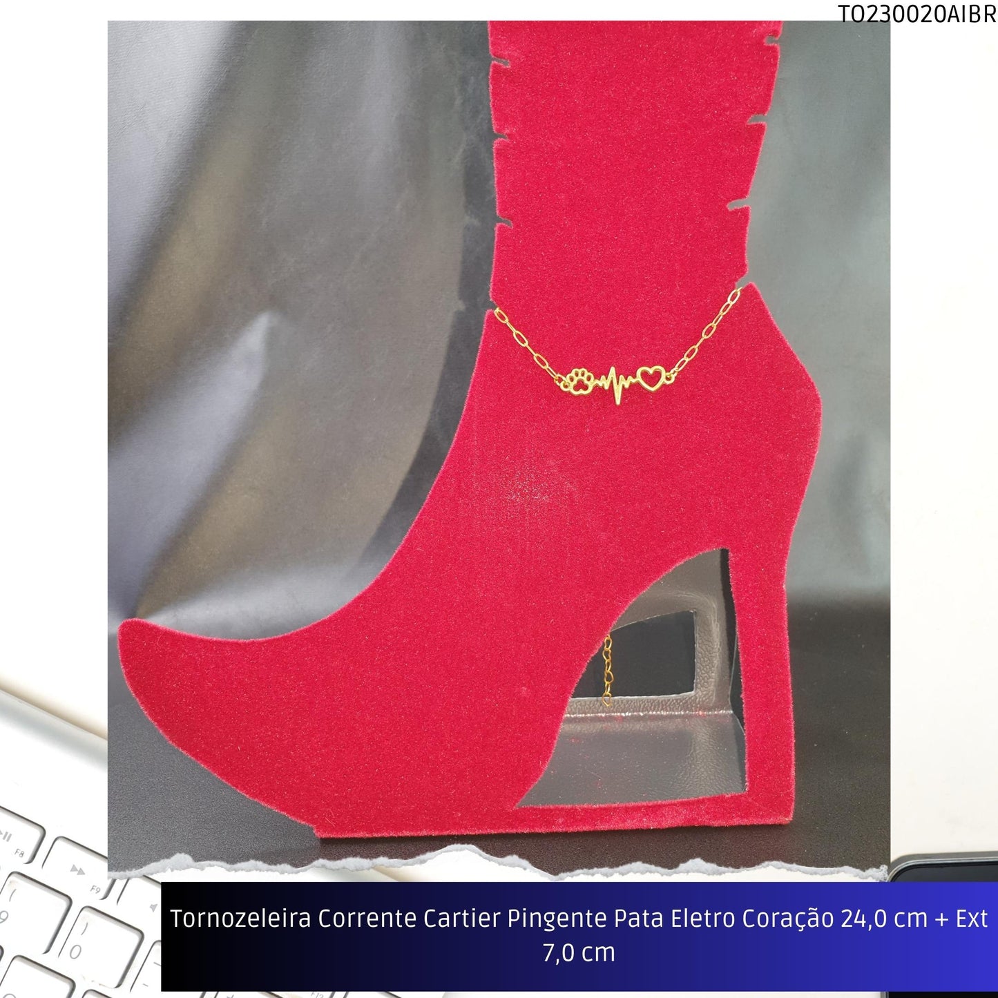 Tornozeleira Corrente Cartier Pingente Pata Eletro Coração 23.0 cm + Ext 7.0 cm  - Código.: TO230020AIBR  - Peso.: 3.3 gr