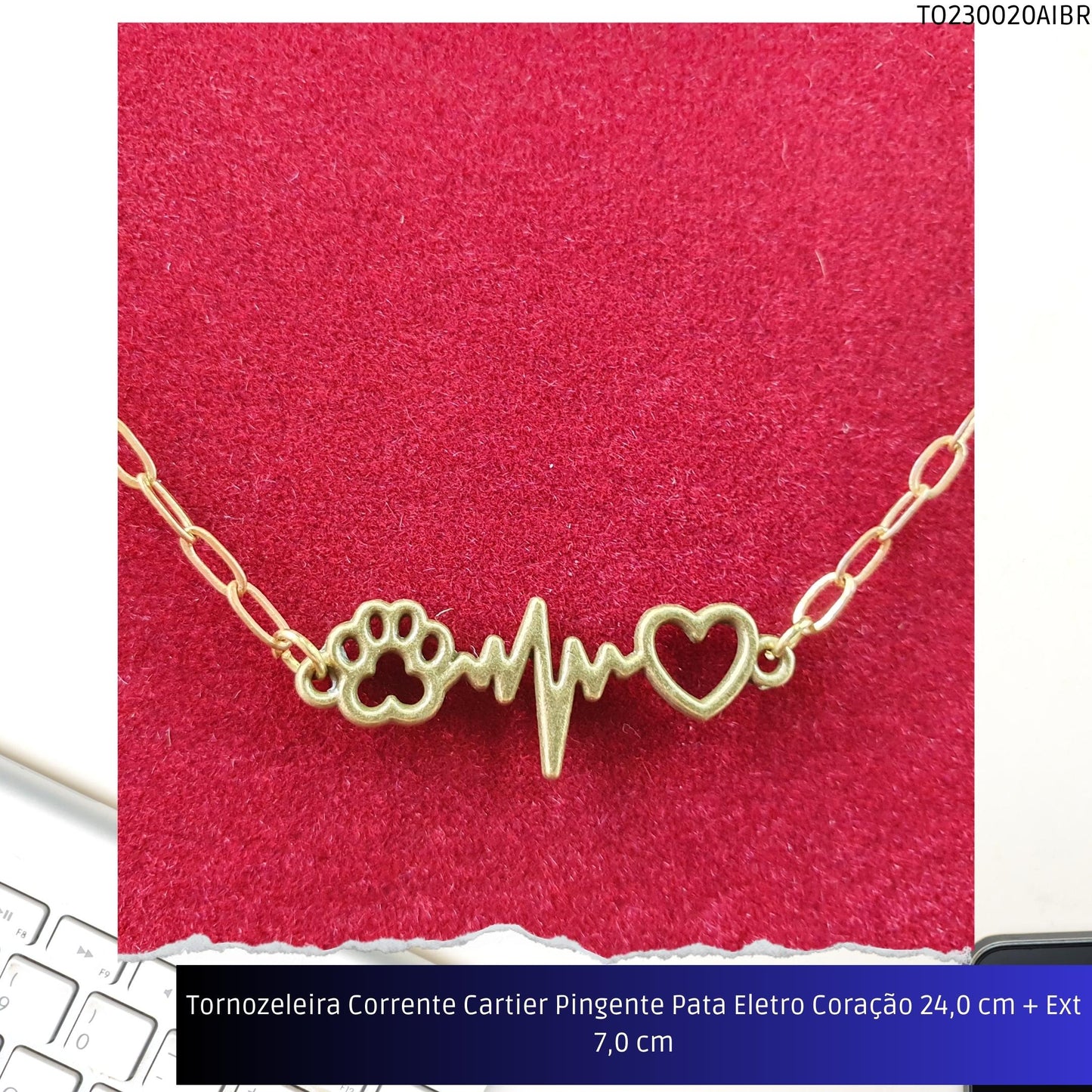 Tornozeleira Corrente Cartier Pingente Pata Eletro Coração 23.0 cm + Ext 7.0 cm  - Código.: TO230020AIBR  - Peso.: 3.3 gr