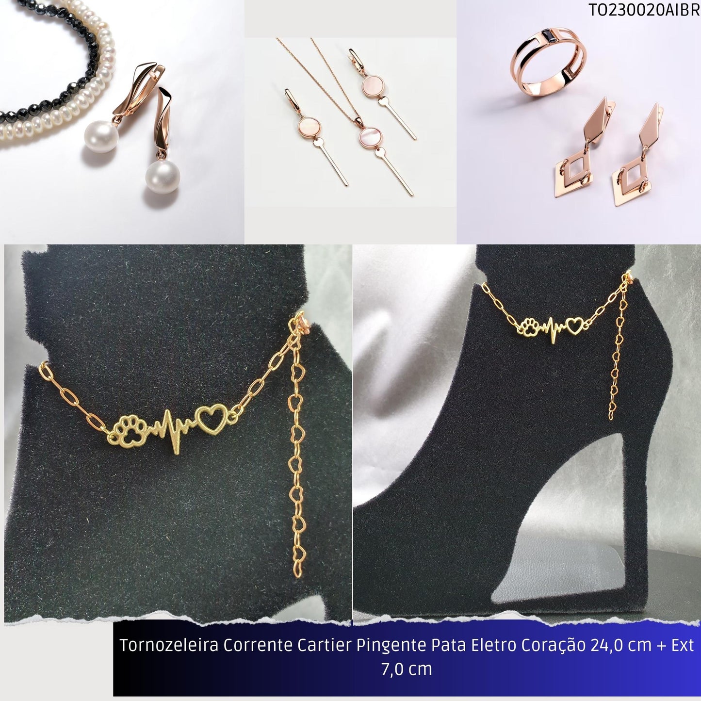 Tornozeleira Corrente Cartier Pingente Pata Eletro Coração 23.0 cm + Ext 7.0 cm  - Código.: TO230020AIBR  - Peso.: 3.3 gr