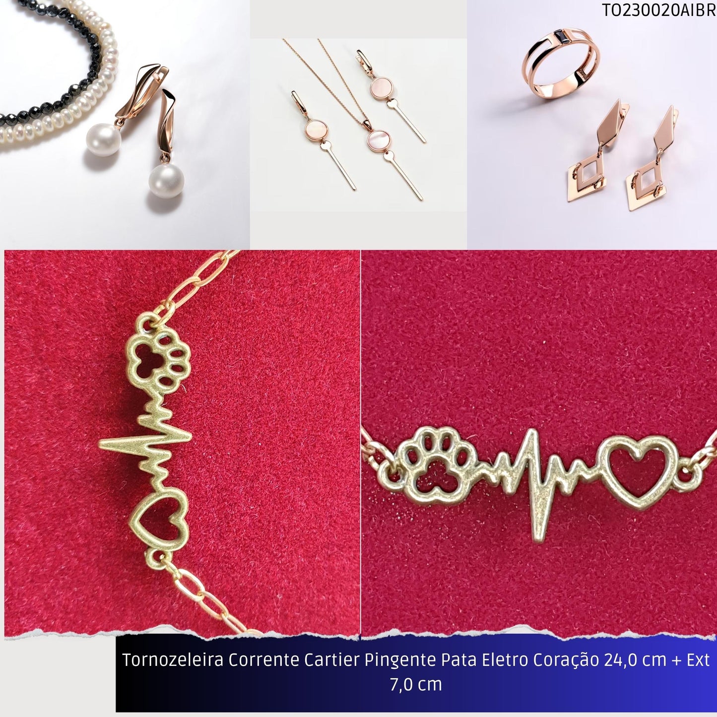 Tornozeleira Corrente Cartier Pingente Pata Eletro Coração 23.0 cm + Ext 7.0 cm  - Código.: TO230020AIBR  - Peso.: 3.3 gr