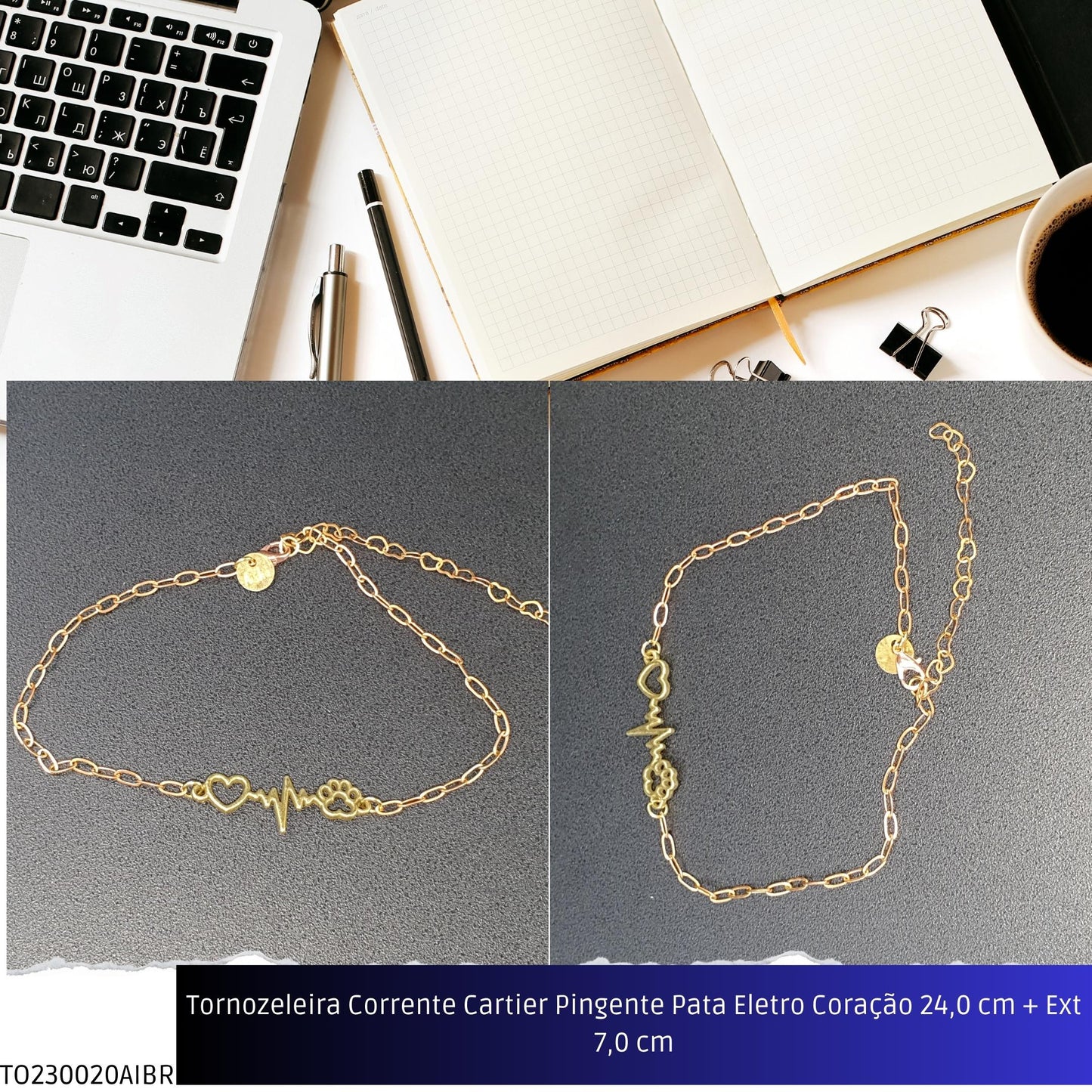 Tornozeleira Corrente Cartier Pingente Pata Eletro Coração 23.0 cm + Ext 7.0 cm  - Código.: TO230020AIBR  - Peso.: 3.3 gr