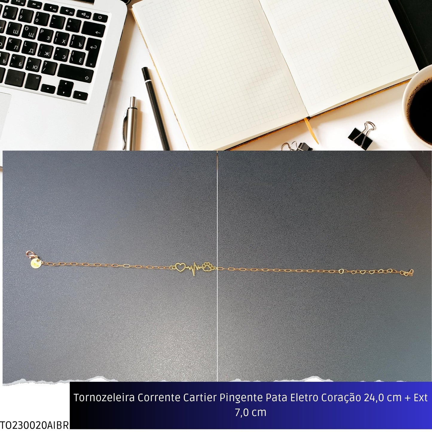 Tornozeleira Corrente Cartier Pingente Pata Eletro Coração 23.0 cm + Ext 7.0 cm  - Código.: TO230020AIBR  - Peso.: 3.3 gr