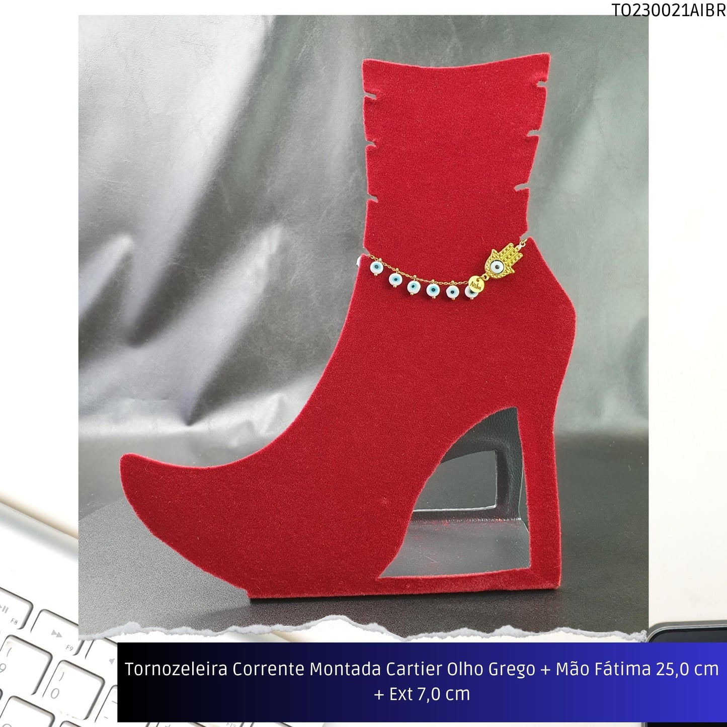 Tornozeleira Corrente Montada Cartier Olho Grego + Mão Fátima 21.0 cm + Ext 7.0 cm  - Código.: TO230021AIBR  - Peso.: 6.8 gr
