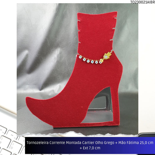 Tornozeleira Corrente Montada Cartier Olho Grego + Mão Fátima 21.0 cm + Ext 7.0 cm  - Código.: TO230021AIBR  - Peso.: 6.8 gr