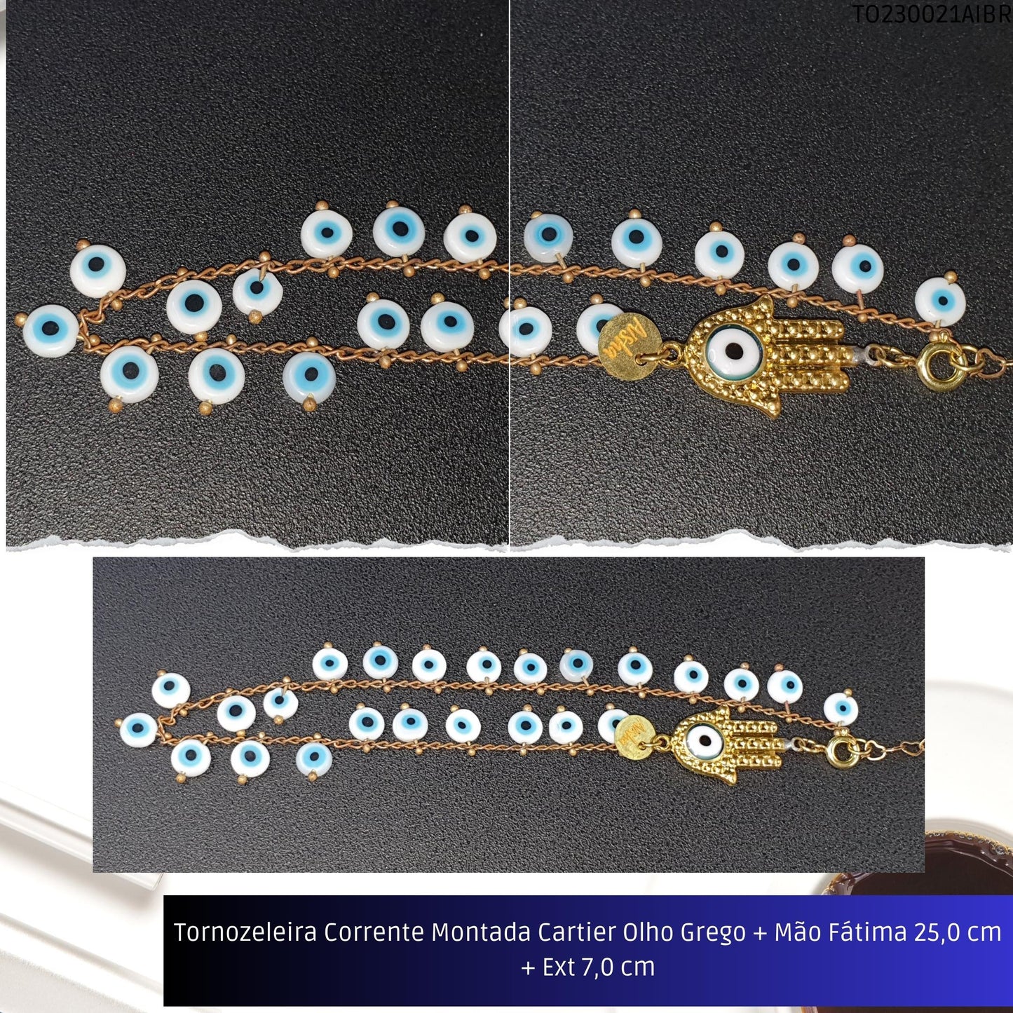 Tornozeleira Corrente Montada Cartier Olho Grego + Mão Fátima 21.0 cm + Ext 7.0 cm  - Código.: TO230021AIBR  - Peso.: 6.8 gr