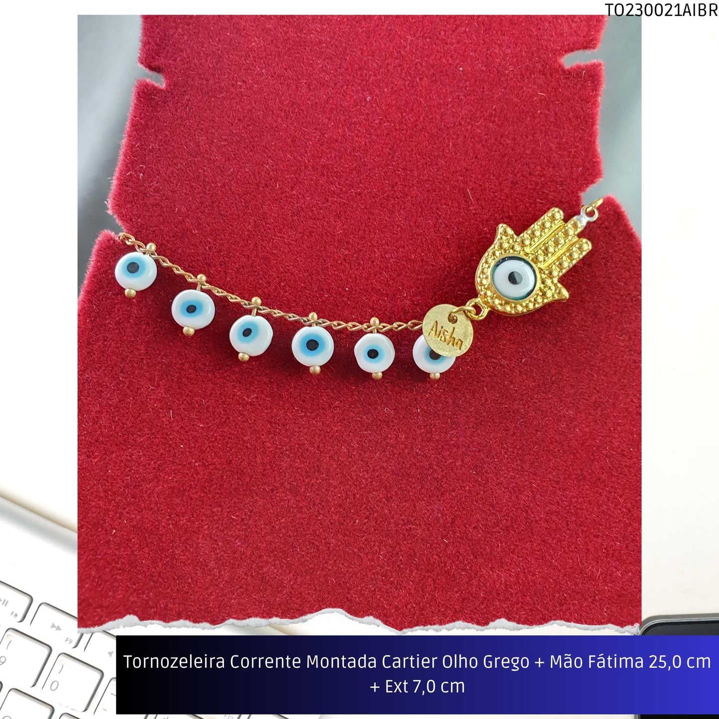 Tornozeleira Corrente Montada Cartier Olho Grego + Mão Fátima 21.0 cm + Ext 7.0 cm  - Código.: TO230021AIBR  - Peso.: 6.8 gr