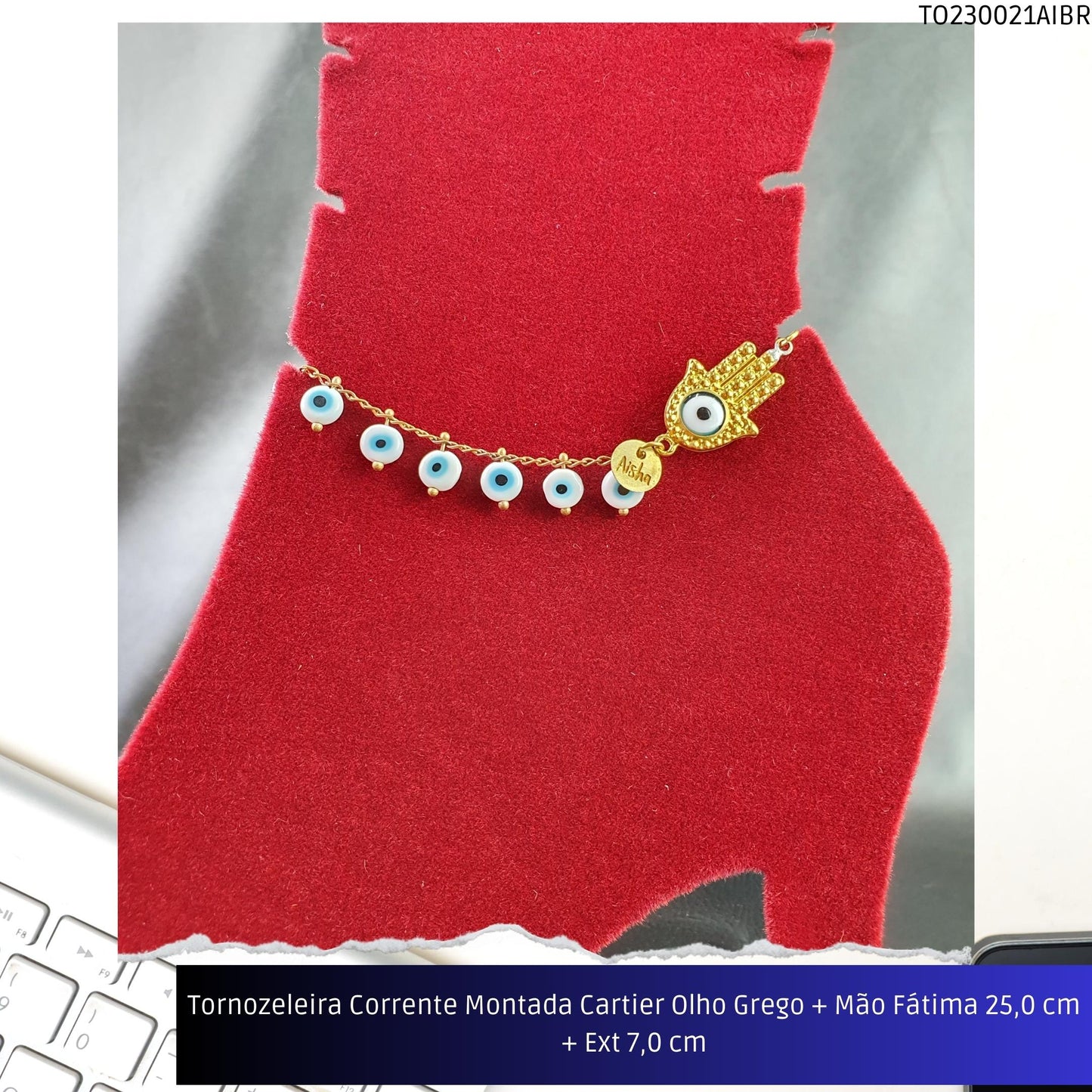 Tornozeleira Corrente Montada Cartier Olho Grego + Mão Fátima 21.0 cm + Ext 7.0 cm  - Código.: TO230021AIBR  - Peso.: 6.8 gr