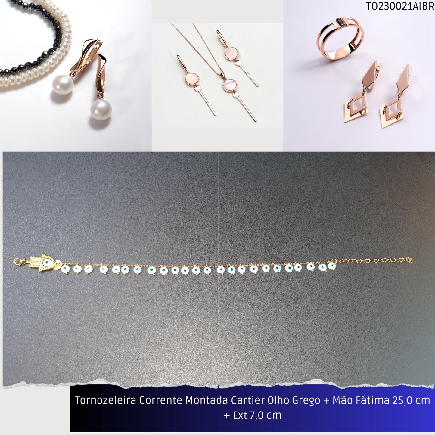 Tornozeleira Corrente Montada Cartier Olho Grego + Mão Fátima 21.0 cm + Ext 7.0 cm  - Código.: TO230021AIBR  - Peso.: 6.8 gr