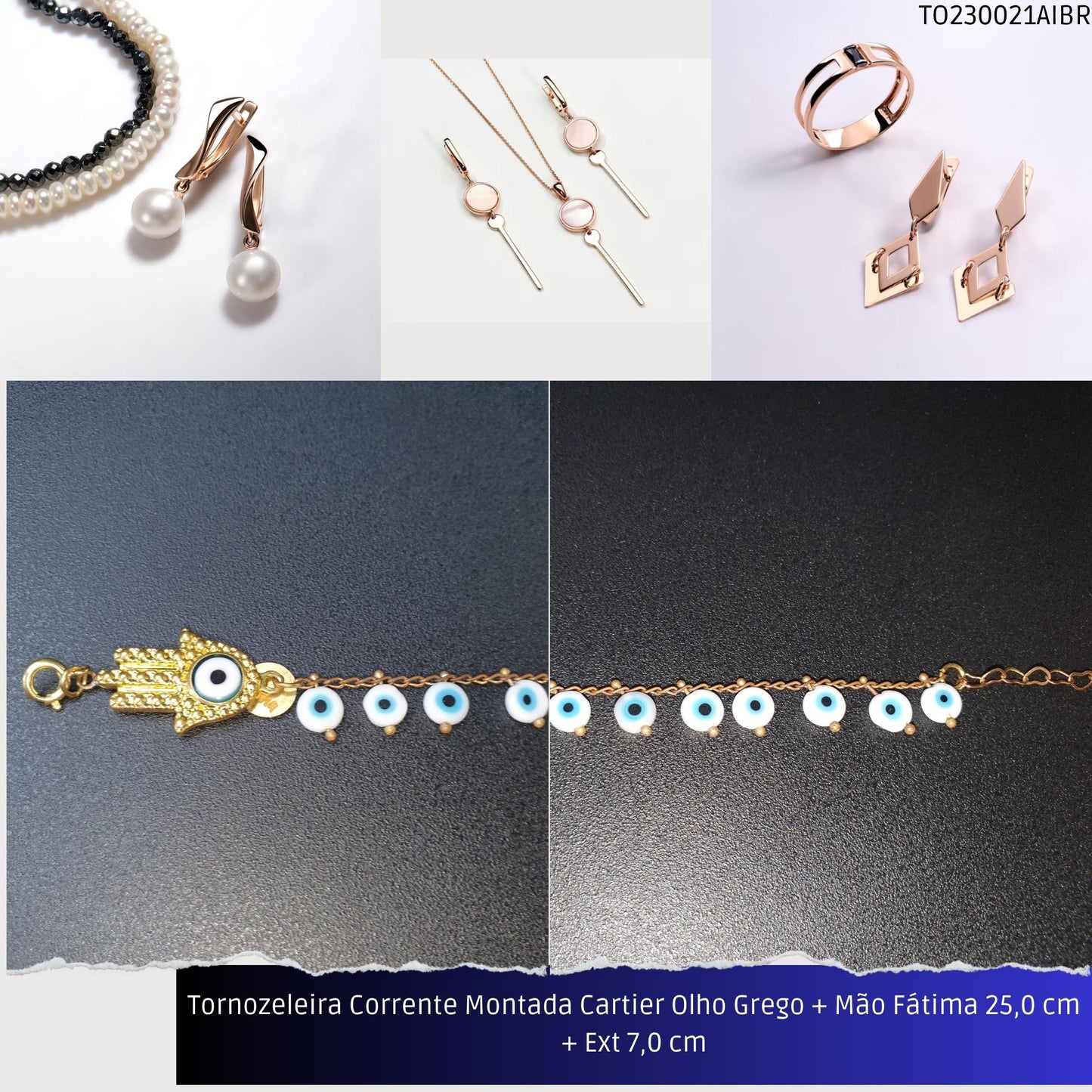 Tornozeleira Corrente Montada Cartier Olho Grego + Mão Fátima 21.0 cm + Ext 7.0 cm  - Código.: TO230021AIBR  - Peso.: 6.8 gr