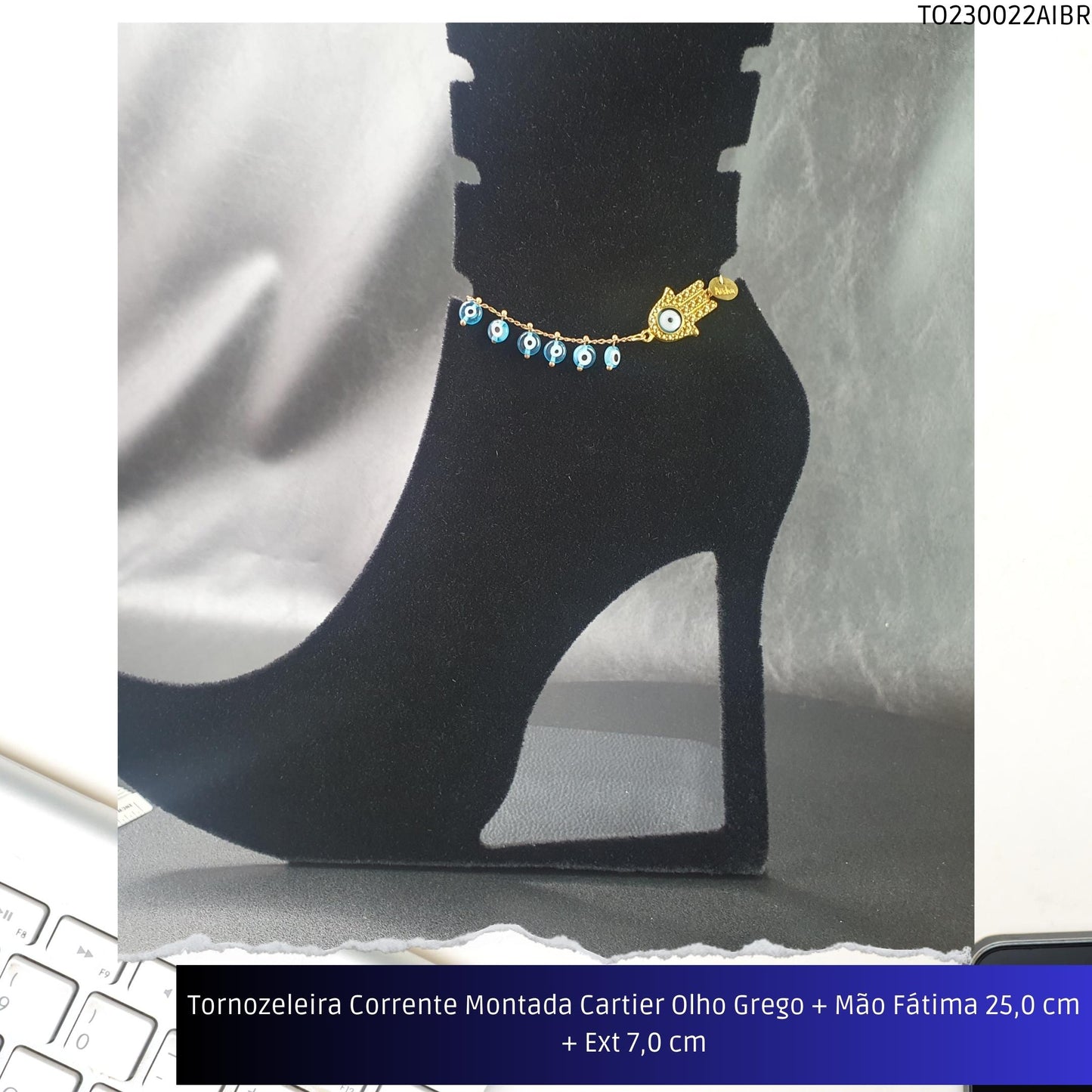 Tornozeleira Corrente Montada Cartier Olho Grego + Mão Fátima 21.0 cm + Ext 7.0 cm  - Código.: TO230022AIBR  - Peso.: 7.6 gr