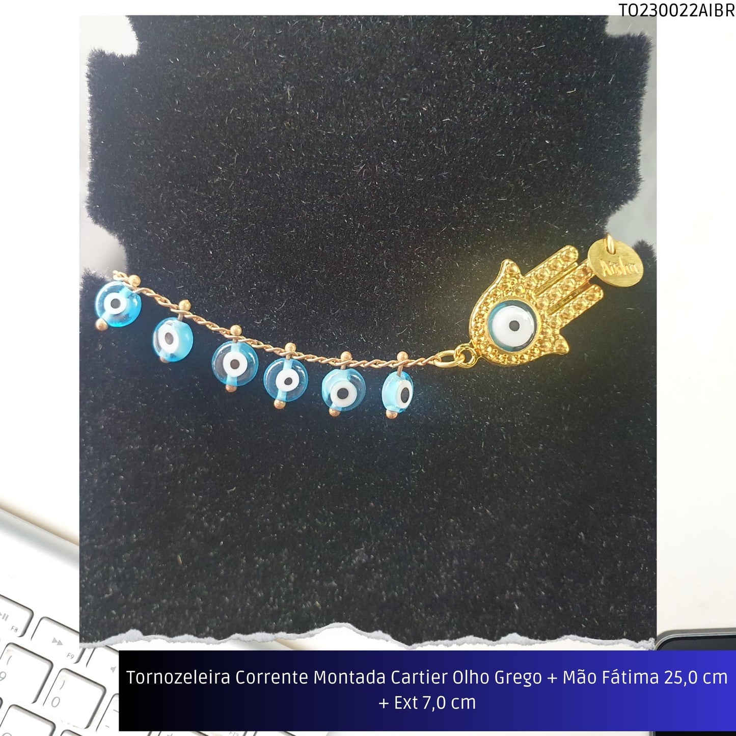 Tornozeleira Corrente Montada Cartier Olho Grego + Mão Fátima 21.0 cm + Ext 7.0 cm  - Código.: TO230022AIBR  - Peso.: 7.6 gr