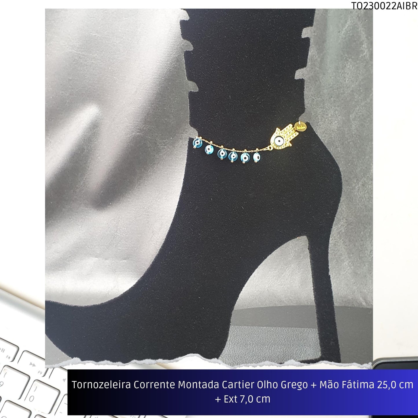 Tornozeleira Corrente Montada Cartier Olho Grego + Mão Fátima 21.0 cm + Ext 7.0 cm  - Código.: TO230022AIBR  - Peso.: 7.6 gr